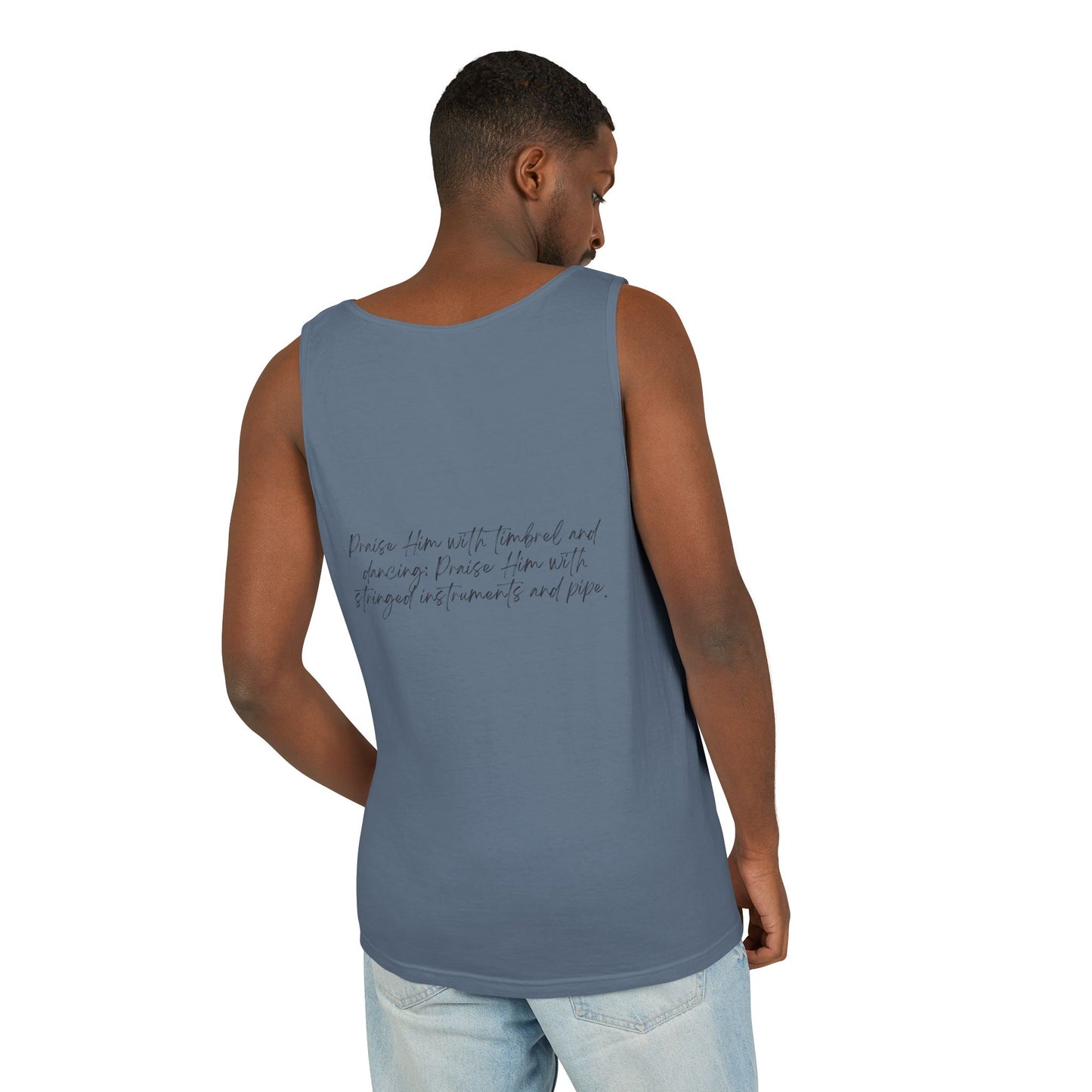 In Jesus Name I Play w/ Psalm 150:4 On Back Unisex Garment-Dyed Tank Top