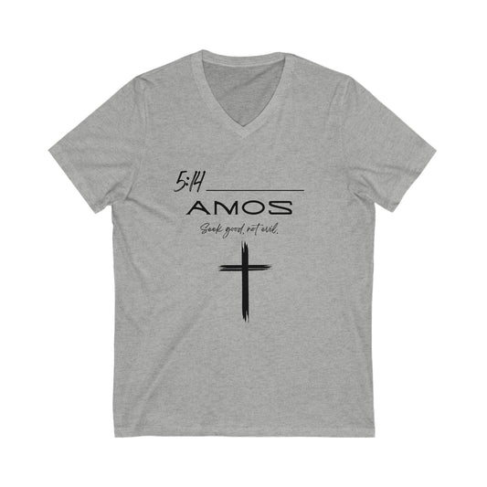 Amos 5:14 w/ Full Scripture on Back Unisex Jersey Short Sleeve V-Neck Tee