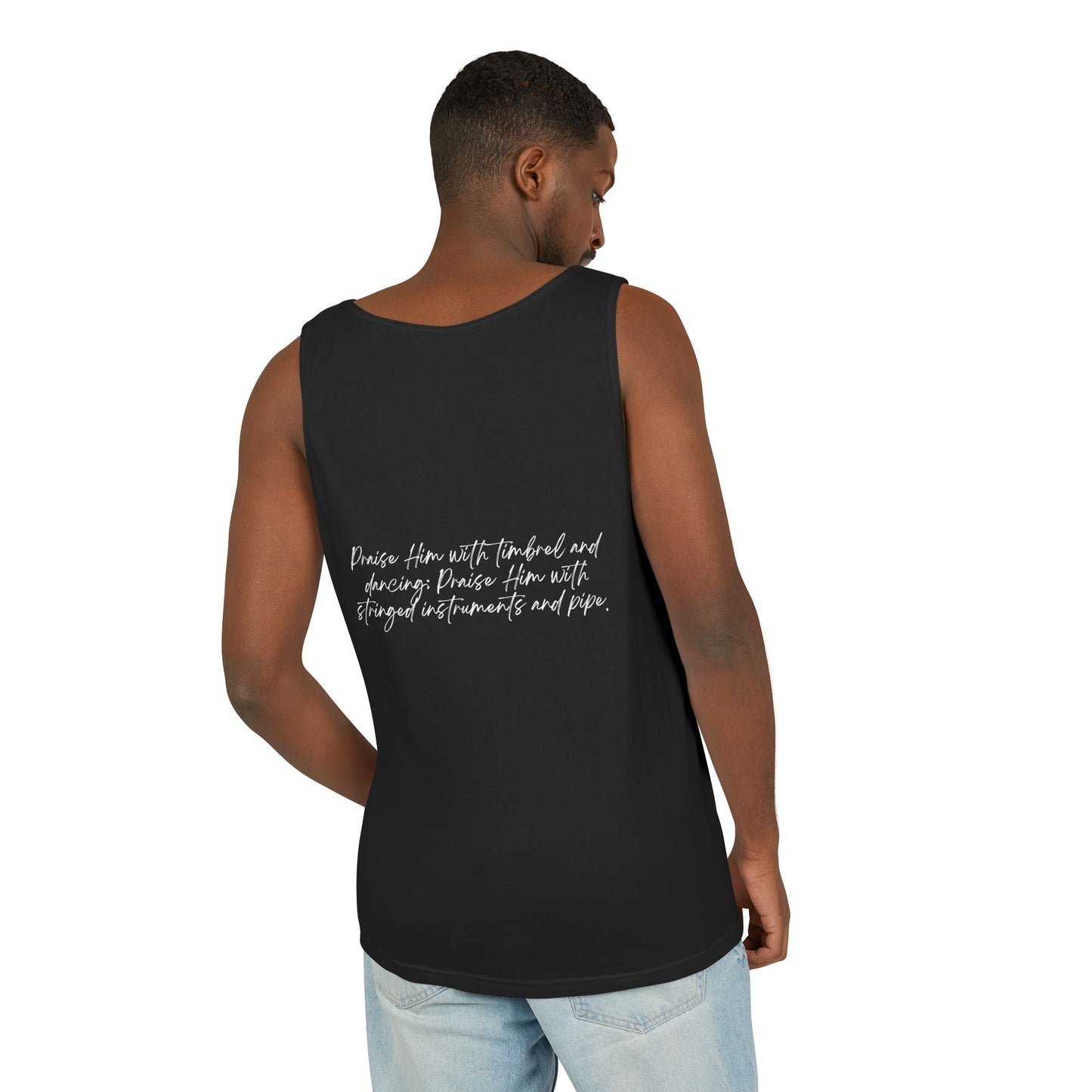 In Jesus Name I Play w/ Psalm 150:4 On Back Unisex Garment-Dyed Tank Top