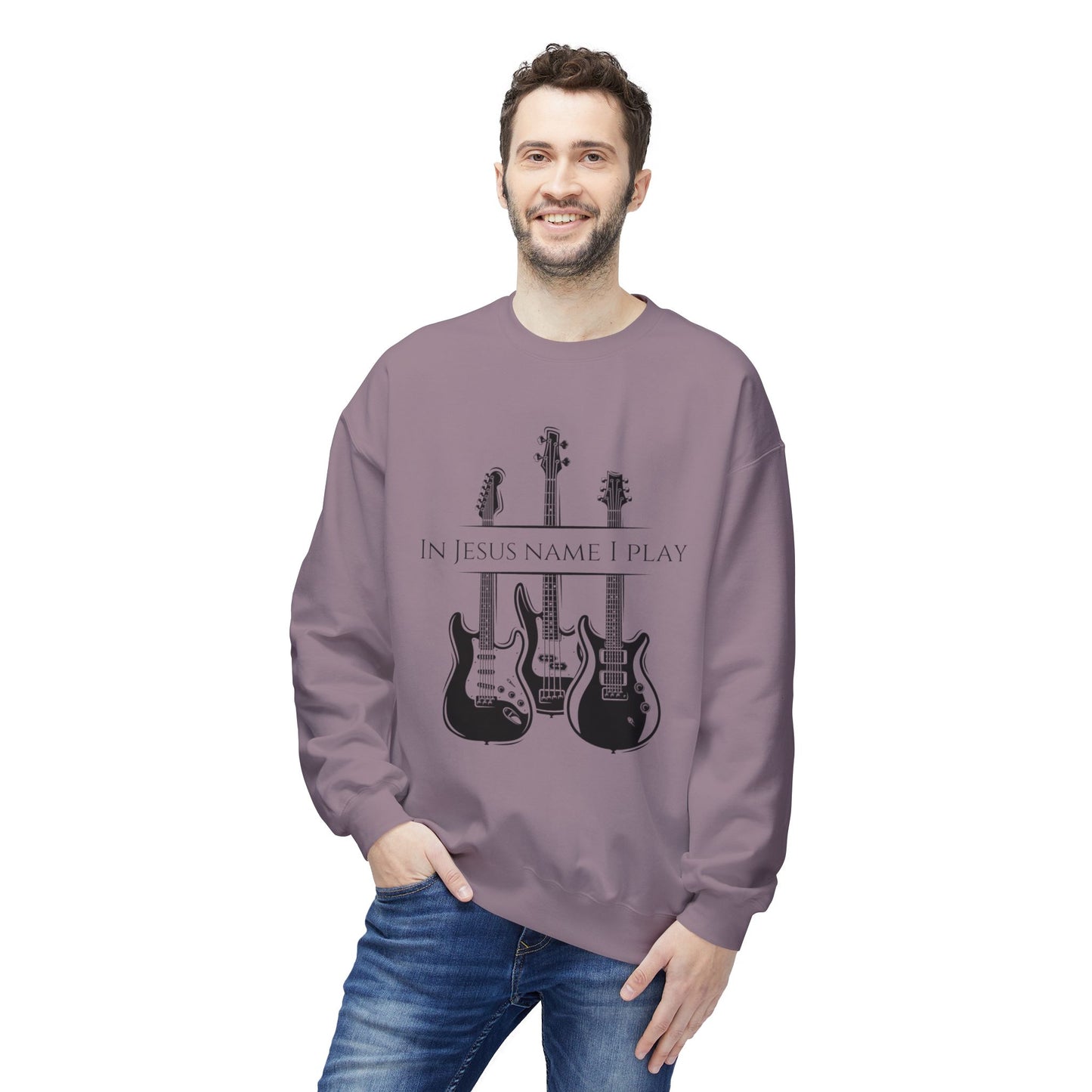 In Jesus Name I Play w/ Psalm 150:4 On Back Unisex Midweight Softstyle Fleece Crewneck Sweatshirt