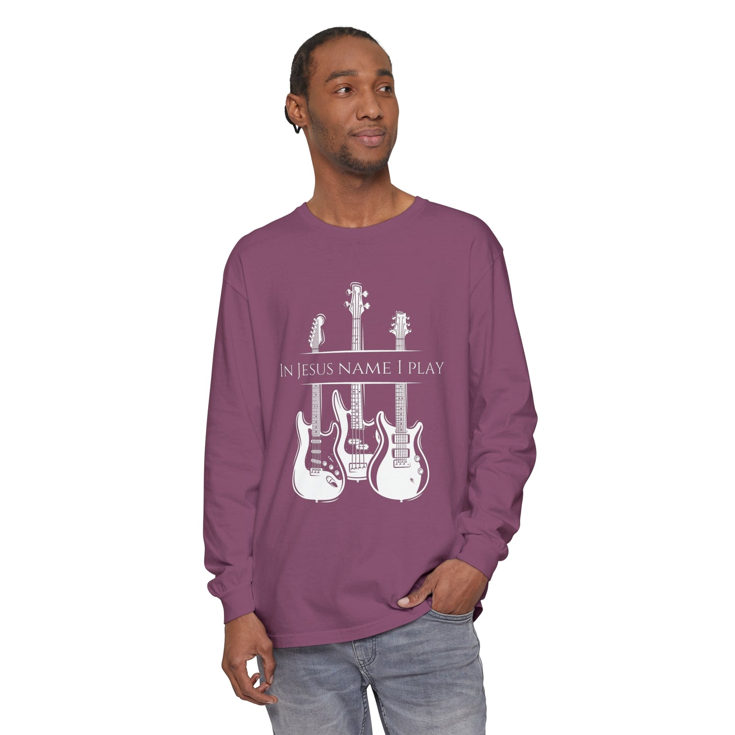 In Jesus Name I Play w/ Psalm 150:4 On Back Unisex Garment-dyed Long Sleeve T-Shirt