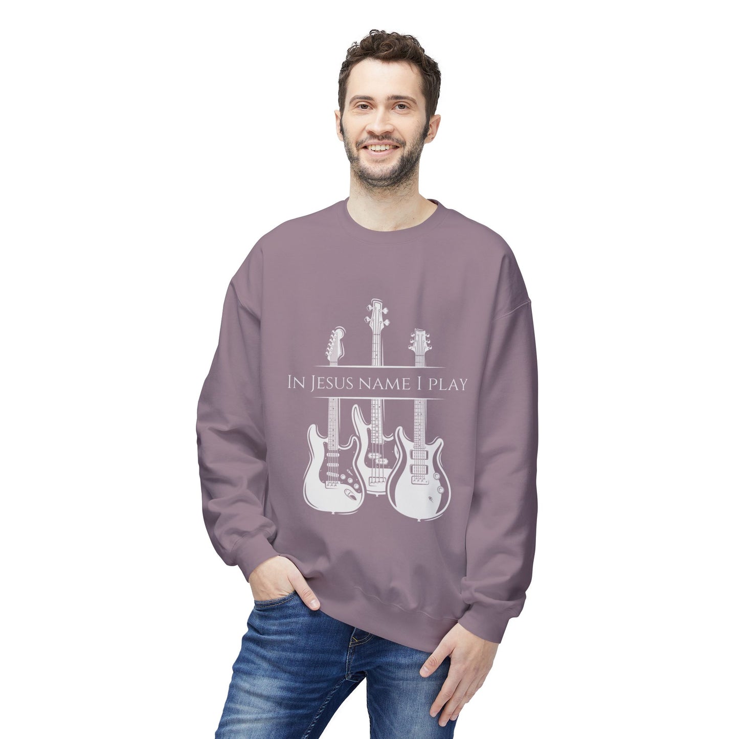 In Jesus Name I Play w/ Psalm 150:4 On Back Unisex Midweight Softstyle Fleece Crewneck Sweatshirt