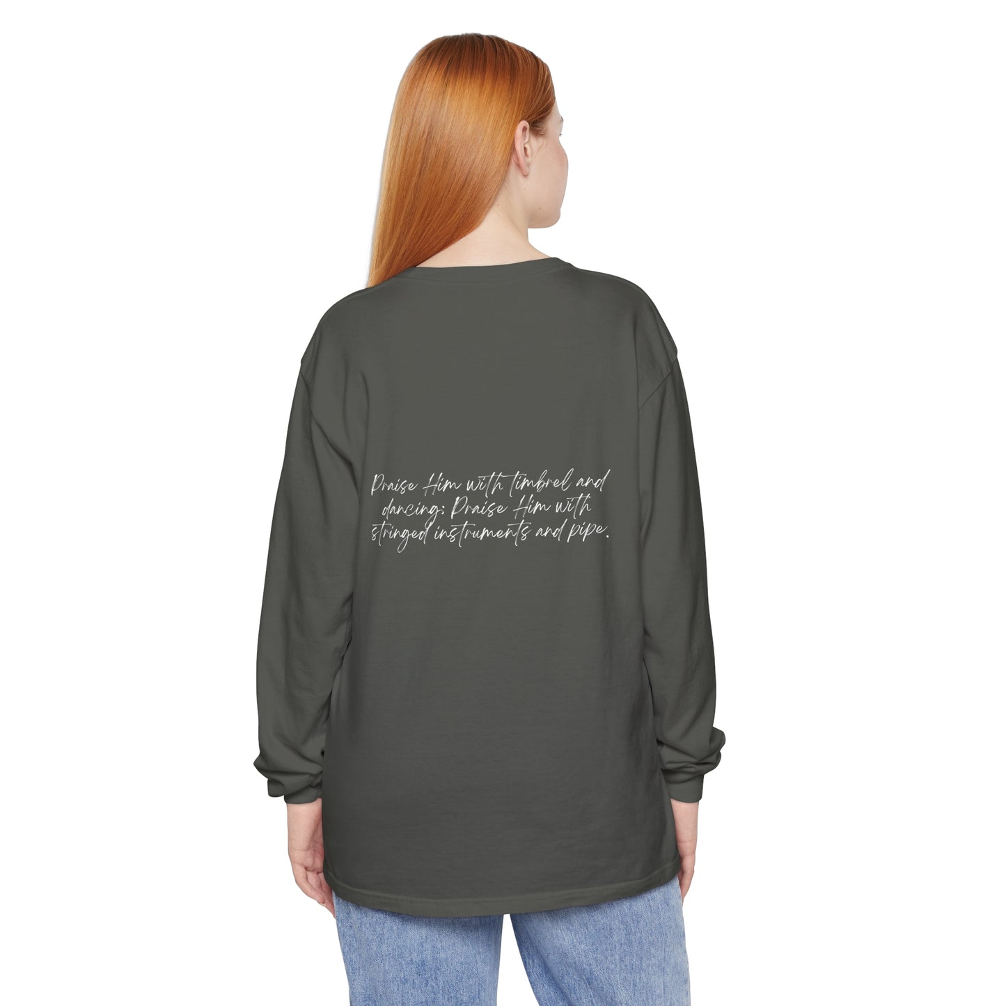 In Jesus Name I Play w/ Psalm 150:4 On Back Unisex Garment-dyed Long Sleeve T-Shirt