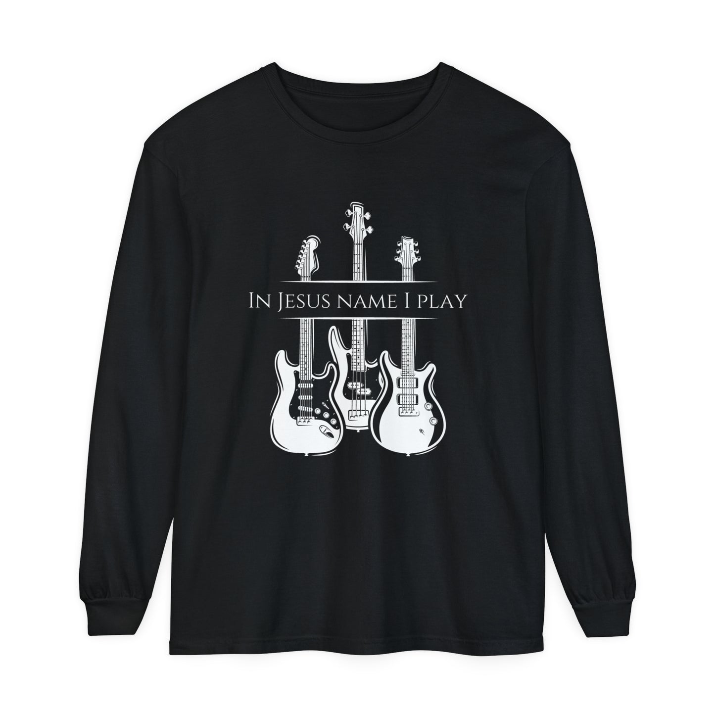 In Jesus Name I Play w/ Psalm 150:4 On Back Unisex Garment-dyed Long Sleeve T-Shirt