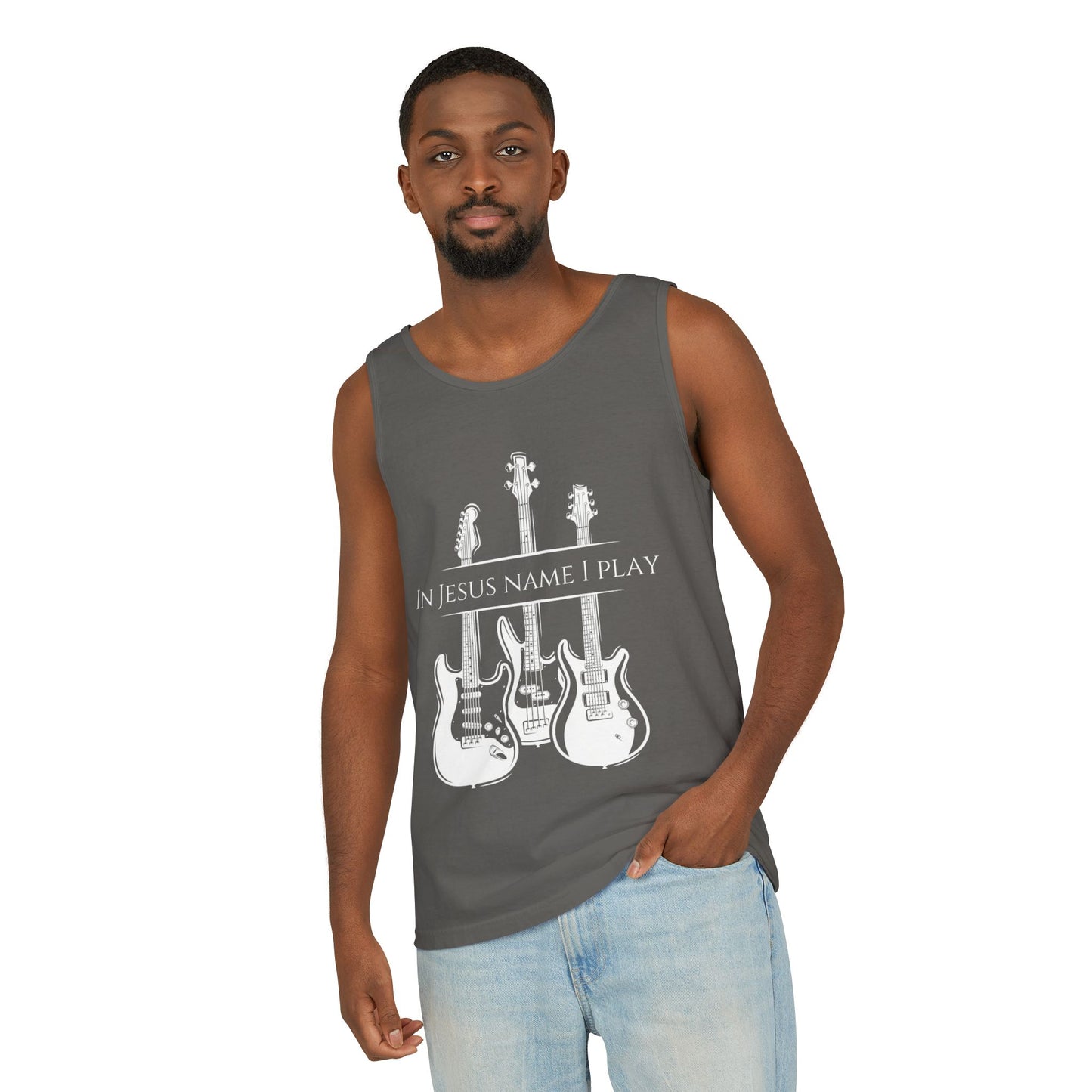 In Jesus Name I Play w/ Psalm 150:4 On Back Unisex Garment-Dyed Tank Top