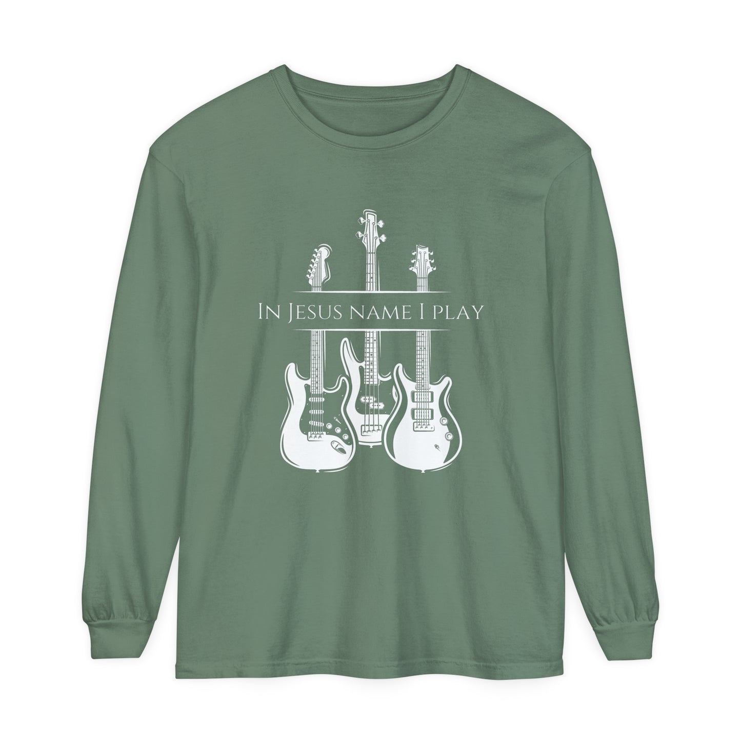 In Jesus Name I Play w/ Psalm 150:4 On Back Unisex Garment-dyed Long Sleeve T-Shirt