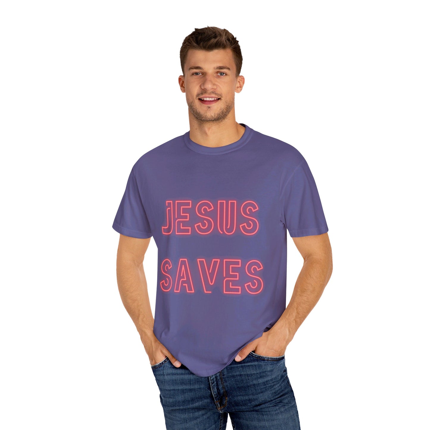 Jesus Saves Neon Signage Unisex Garment-Dyed T-shirt