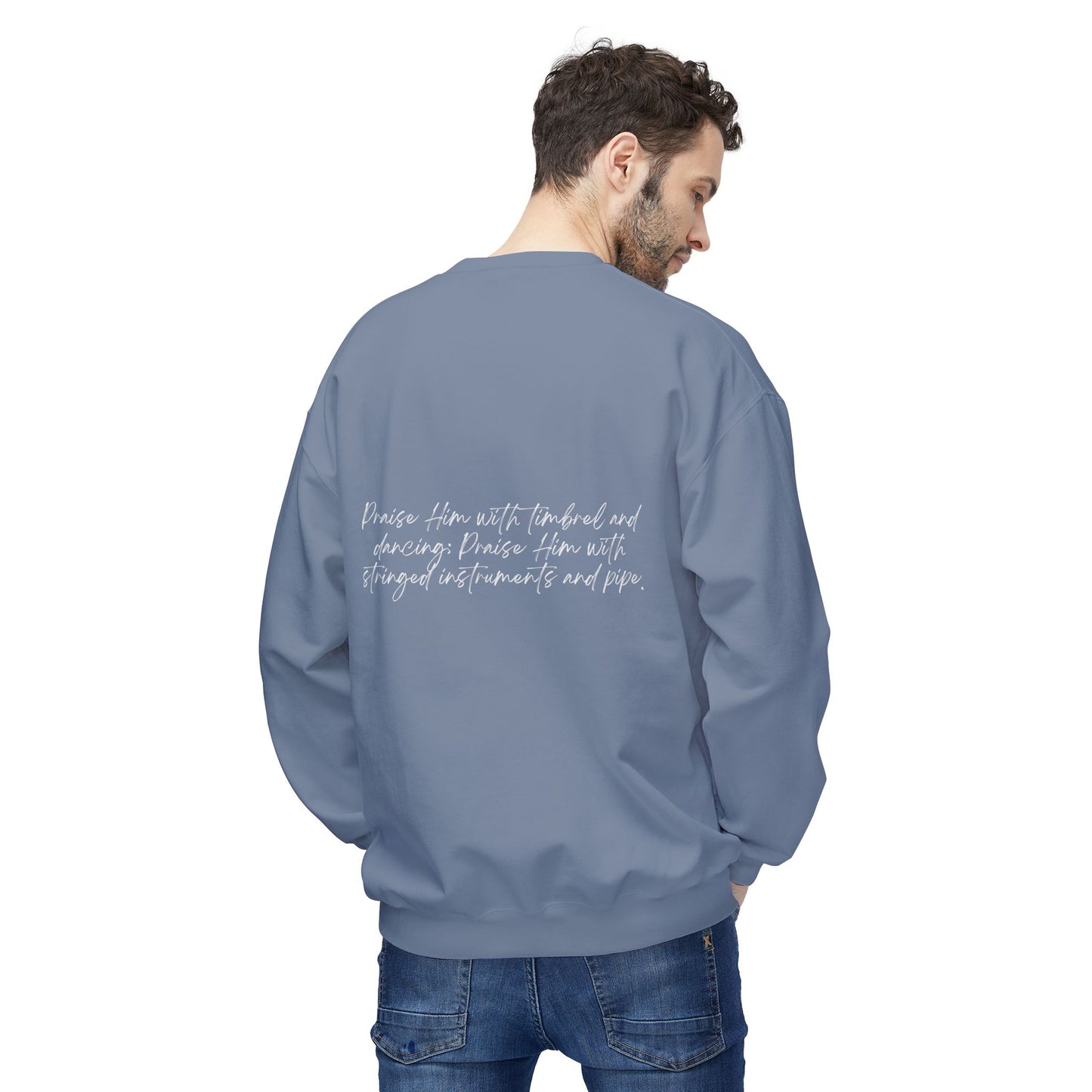 In Jesus Name I Play w/ Psalm 150:4 On Back Unisex Midweight Softstyle Fleece Crewneck Sweatshirt