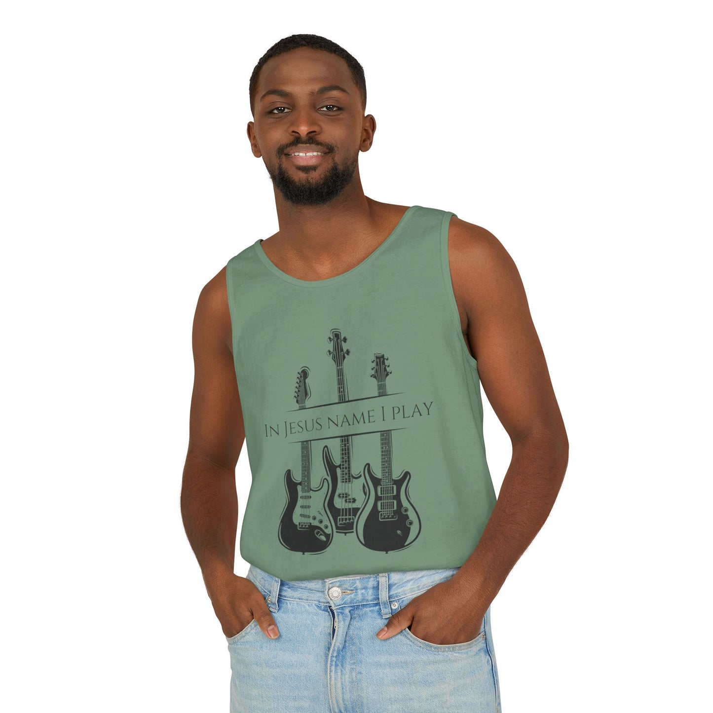 In Jesus Name I Play w/ Psalm 150:4 On Back Unisex Garment-Dyed Tank Top