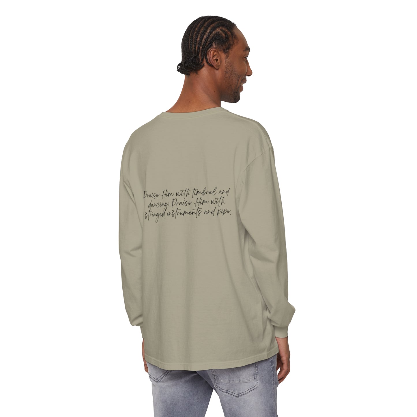 In Jesus Name I Play w/ Psalm 150:4 On Back Unisex Garment-dyed Long Sleeve T-Shirt