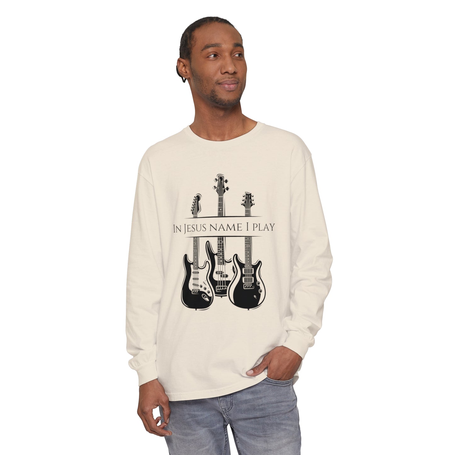 In Jesus Name I Play w/ Psalm 150:4 On Back Unisex Garment-dyed Long Sleeve T-Shirt