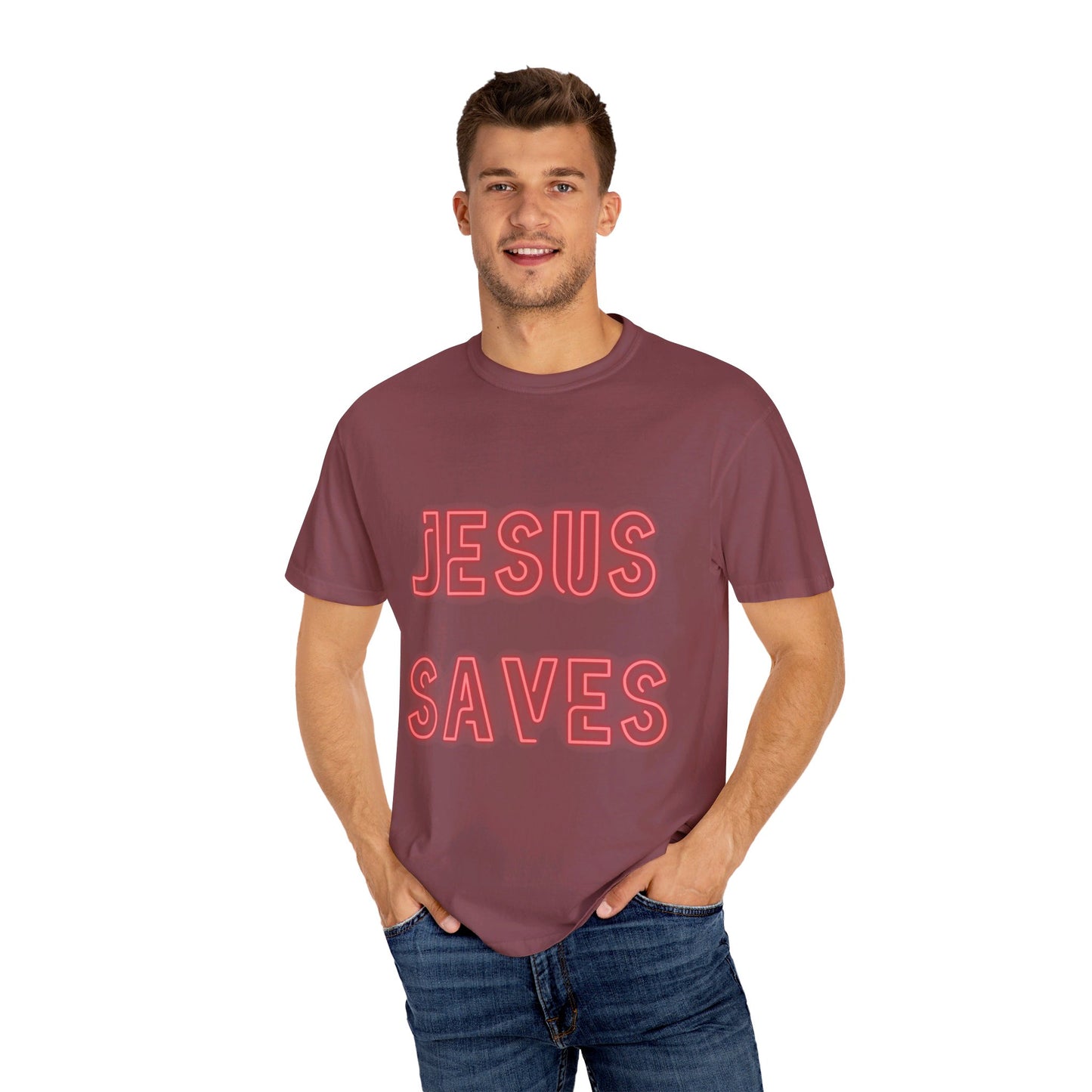 Jesus Saves Neon Signage (2) Unisex Garment-Dyed T-shirt