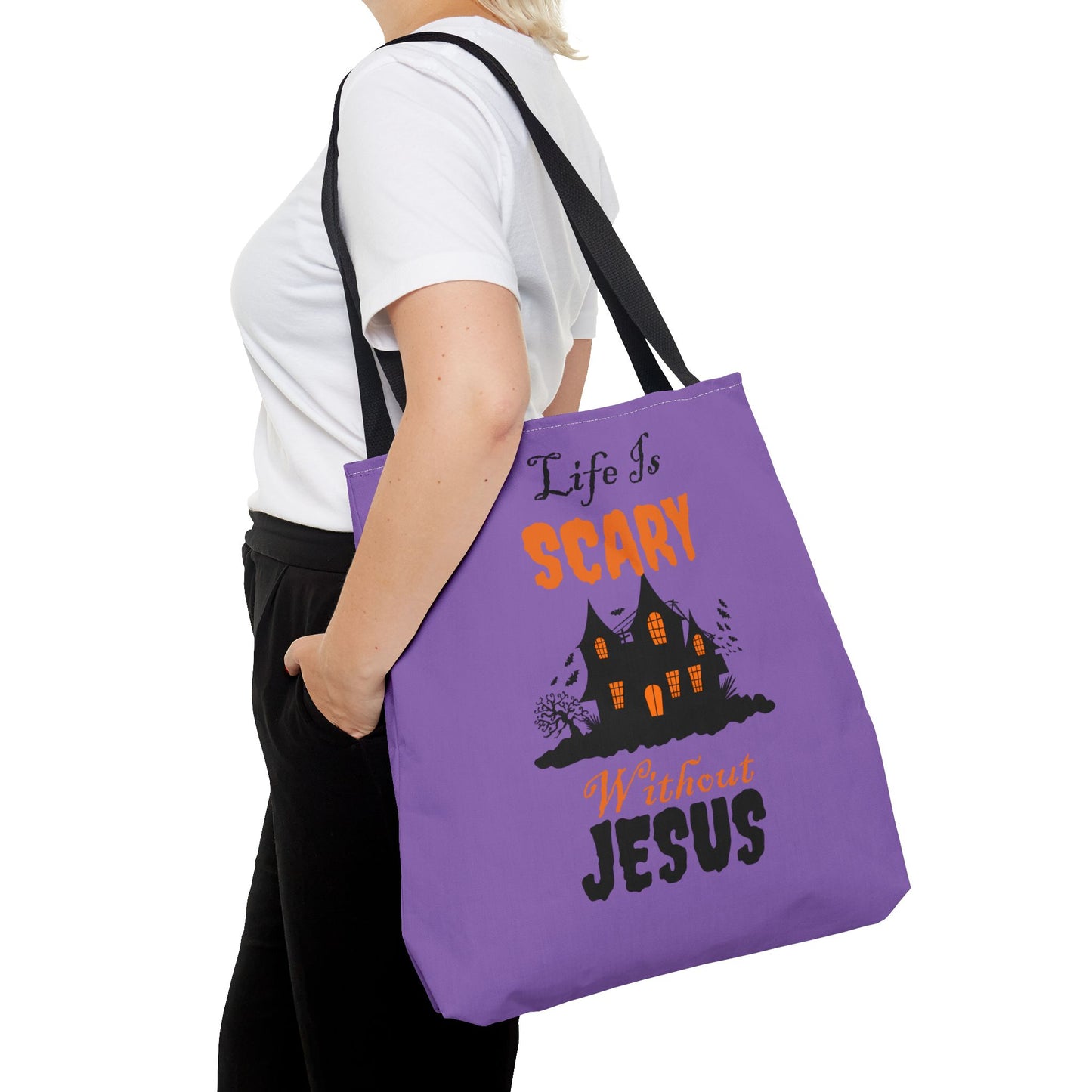 Life Is Scary Without Jesus Tote Bag (AOP)