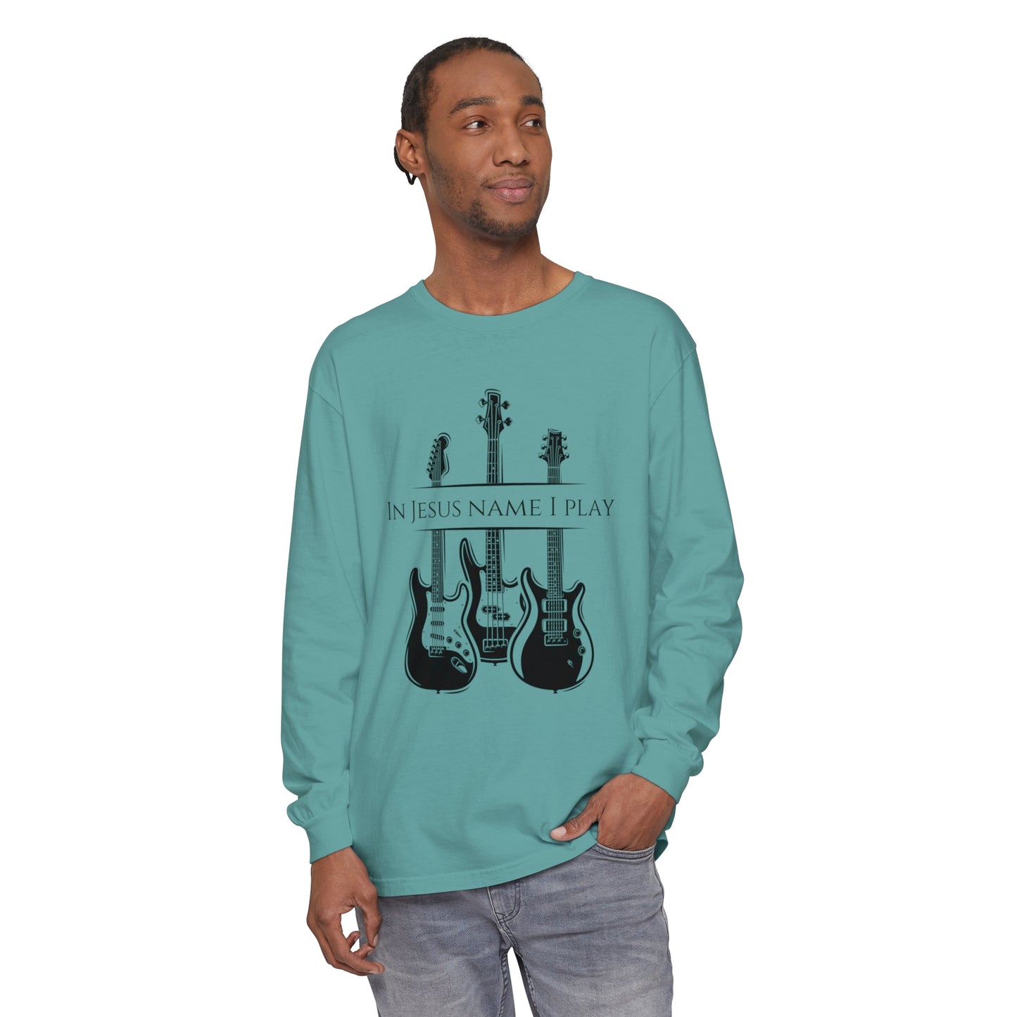 In Jesus Name I Play w/ Psalm 150:4 On Back Unisex Garment-dyed Long Sleeve T-Shirt