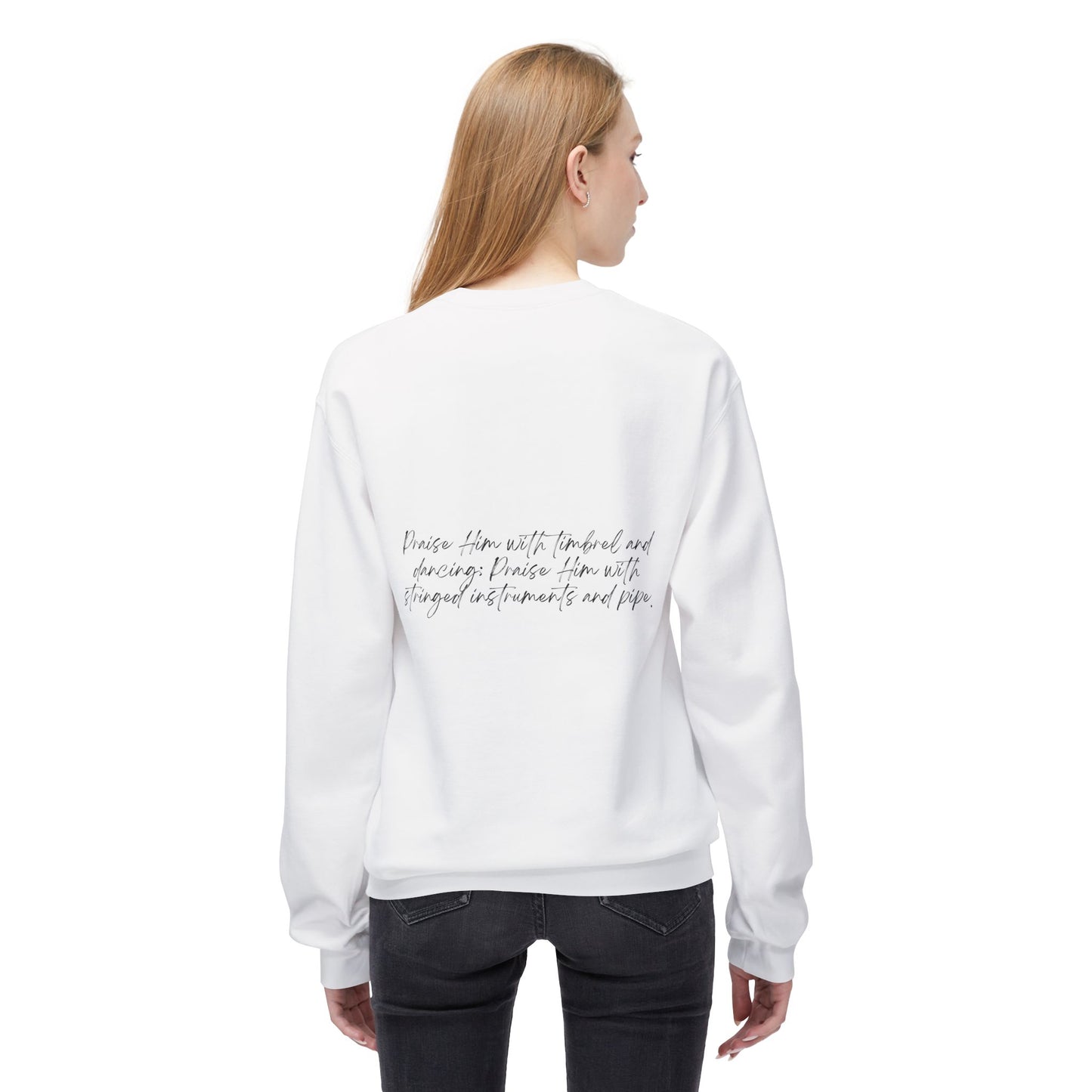 In Jesus Name I Play w/ Psalm 150:4 On Back Unisex Midweight Softstyle Fleece Crewneck Sweatshirt