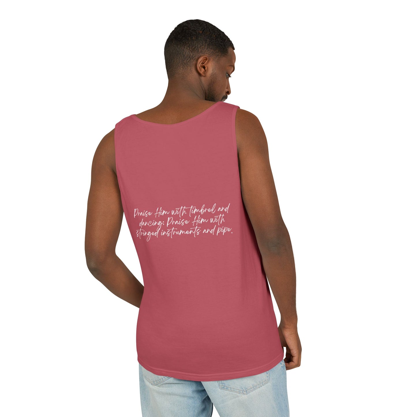 In Jesus Name I Play w/ Psalm 150:4 On Back Unisex Garment-Dyed Tank Top