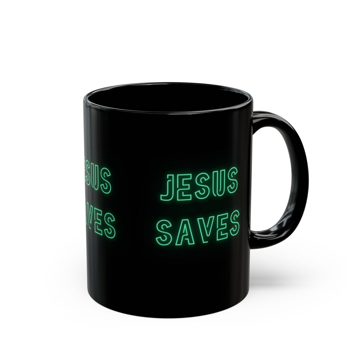 Jesus Saves Neon Signage Green Black Mug (11oz, 15oz)