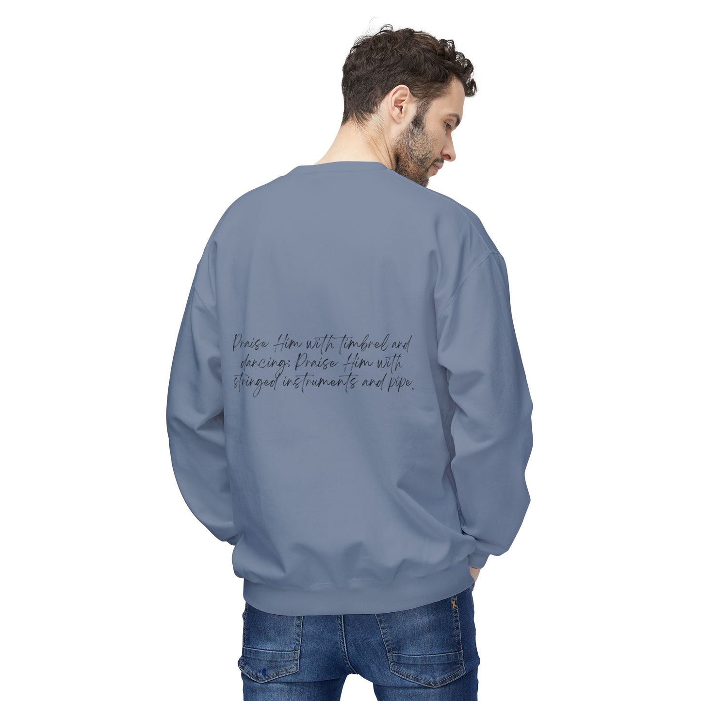 In Jesus Name I Play w/ Psalm 150:4 On Back Unisex Midweight Softstyle Fleece Crewneck Sweatshirt