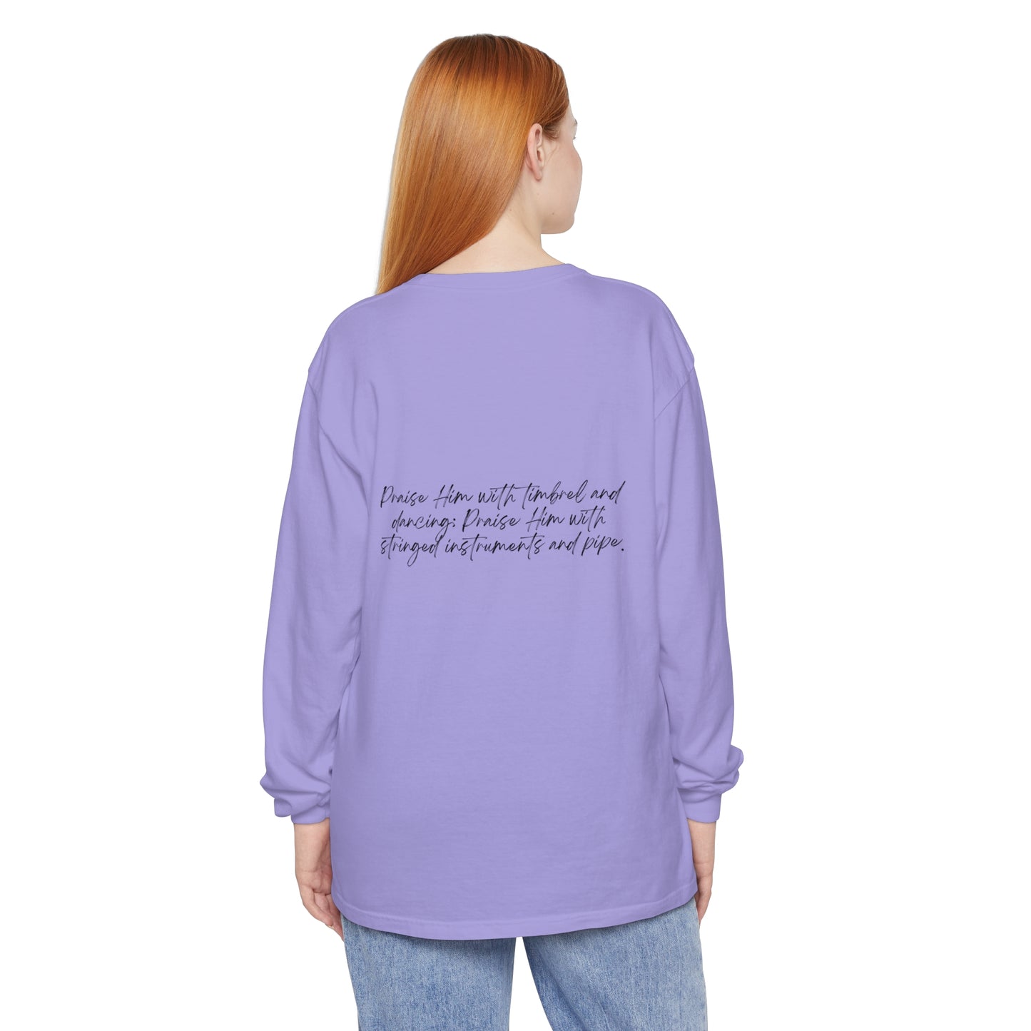 In Jesus Name I Play w/ Psalm 150:4 On Back Unisex Garment-dyed Long Sleeve T-Shirt