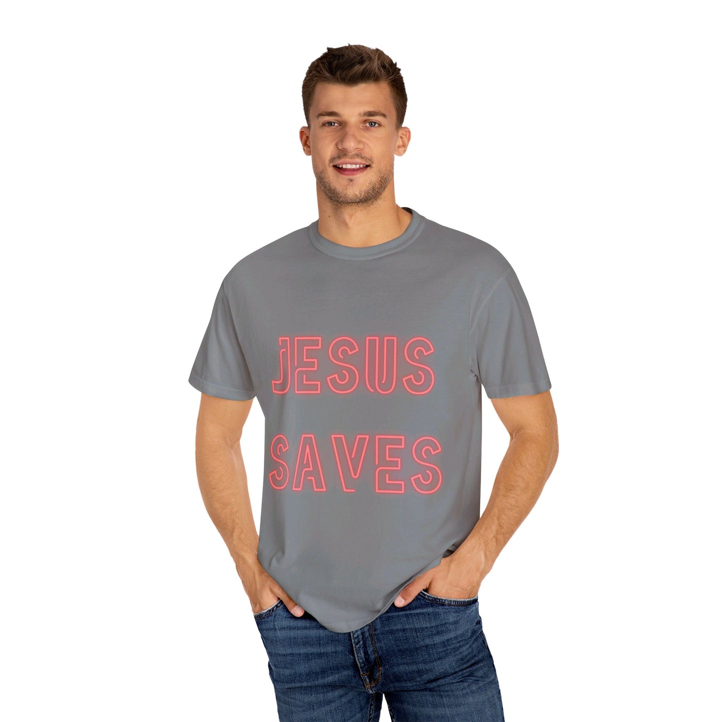 Jesus Saves Neon Signage Unisex Garment-Dyed T-shirt