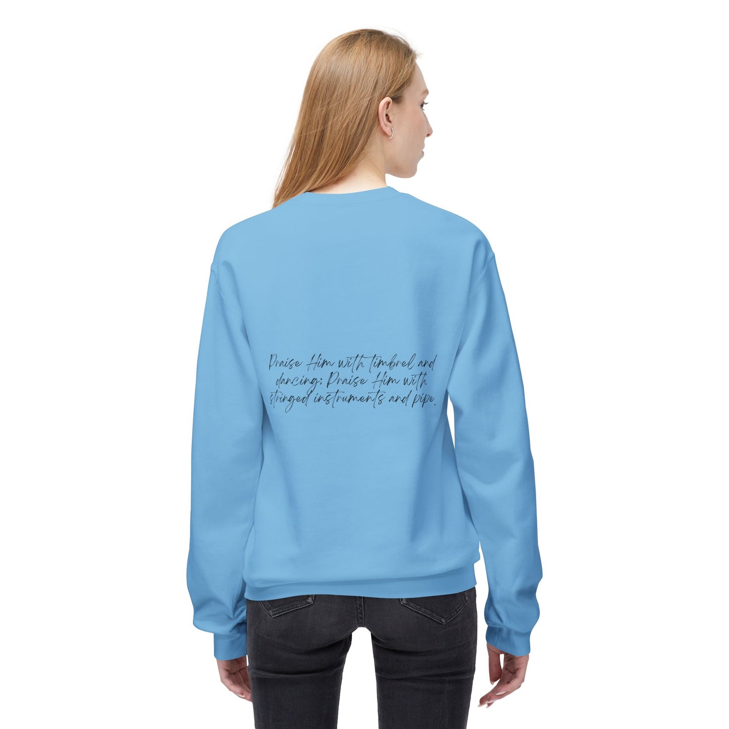 In Jesus Name I Play w/ Psalm 150:4 On Back Unisex Midweight Softstyle Fleece Crewneck Sweatshirt