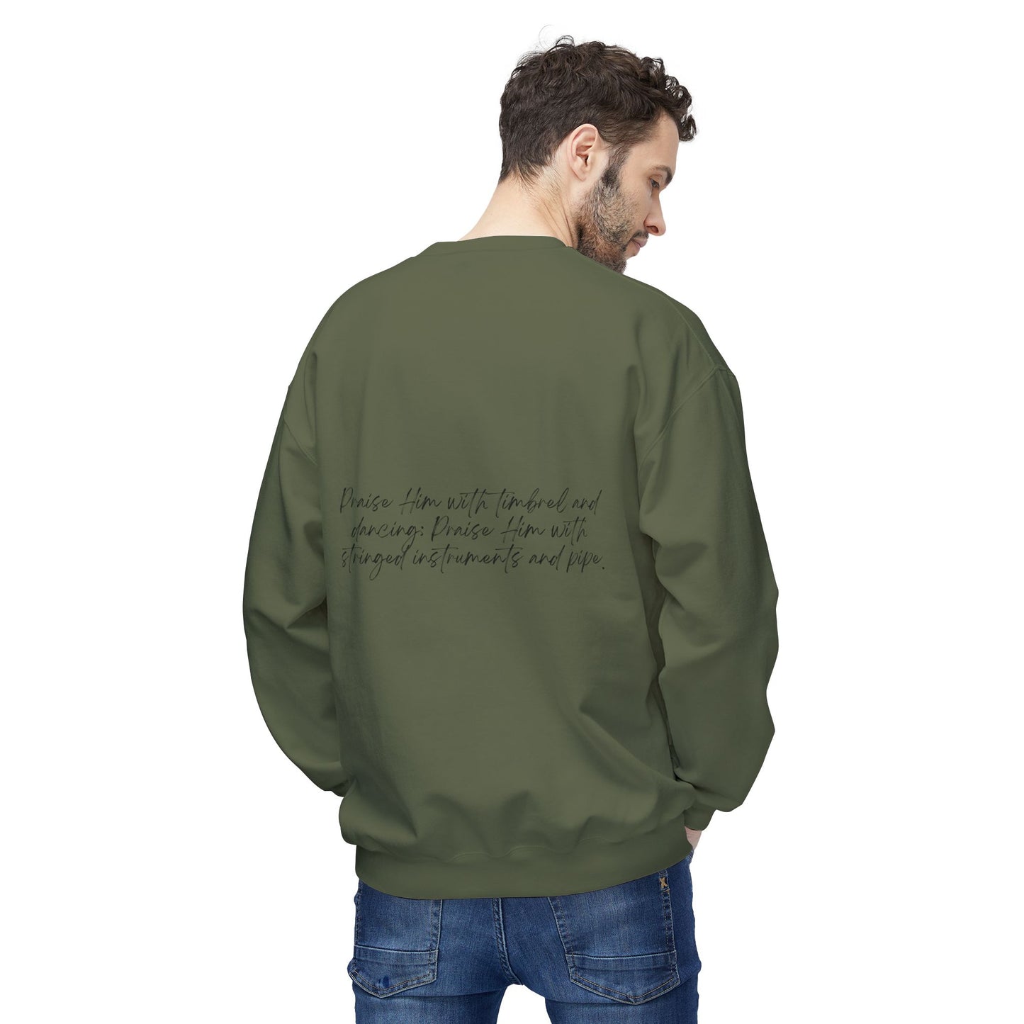 In Jesus Name I Play w/ Psalm 150:4 On Back Unisex Midweight Softstyle Fleece Crewneck Sweatshirt