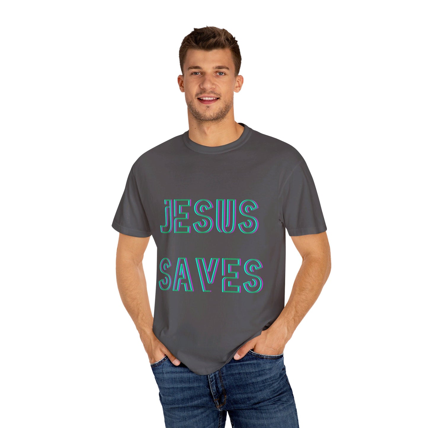 Jesus Saves Neon Signage Unisex Garment-Dyed T-shirt