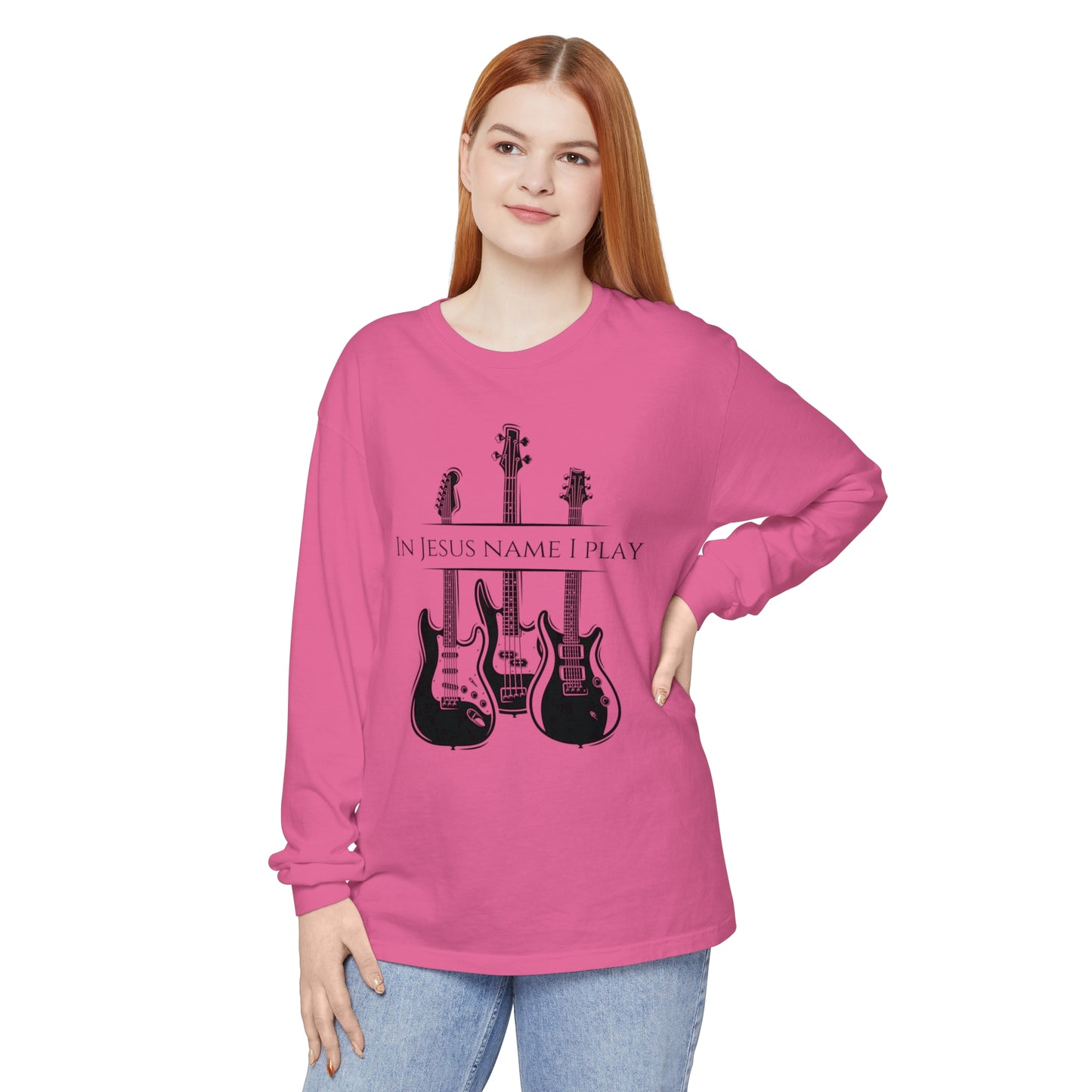 In Jesus Name I Play w/ Psalm 150:4 On Back Unisex Garment-dyed Long Sleeve T-Shirt