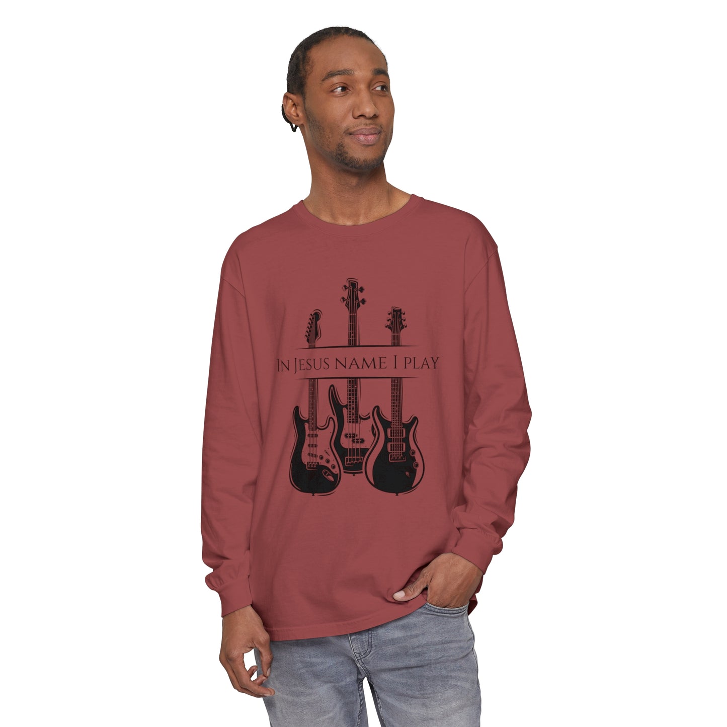 In Jesus Name I Play w/ Psalm 150:4 On Back Unisex Garment-dyed Long Sleeve T-Shirt