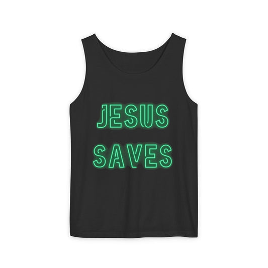 Jesus Saves Neon Signage Green Unisex Garment-Dyed Tank Top