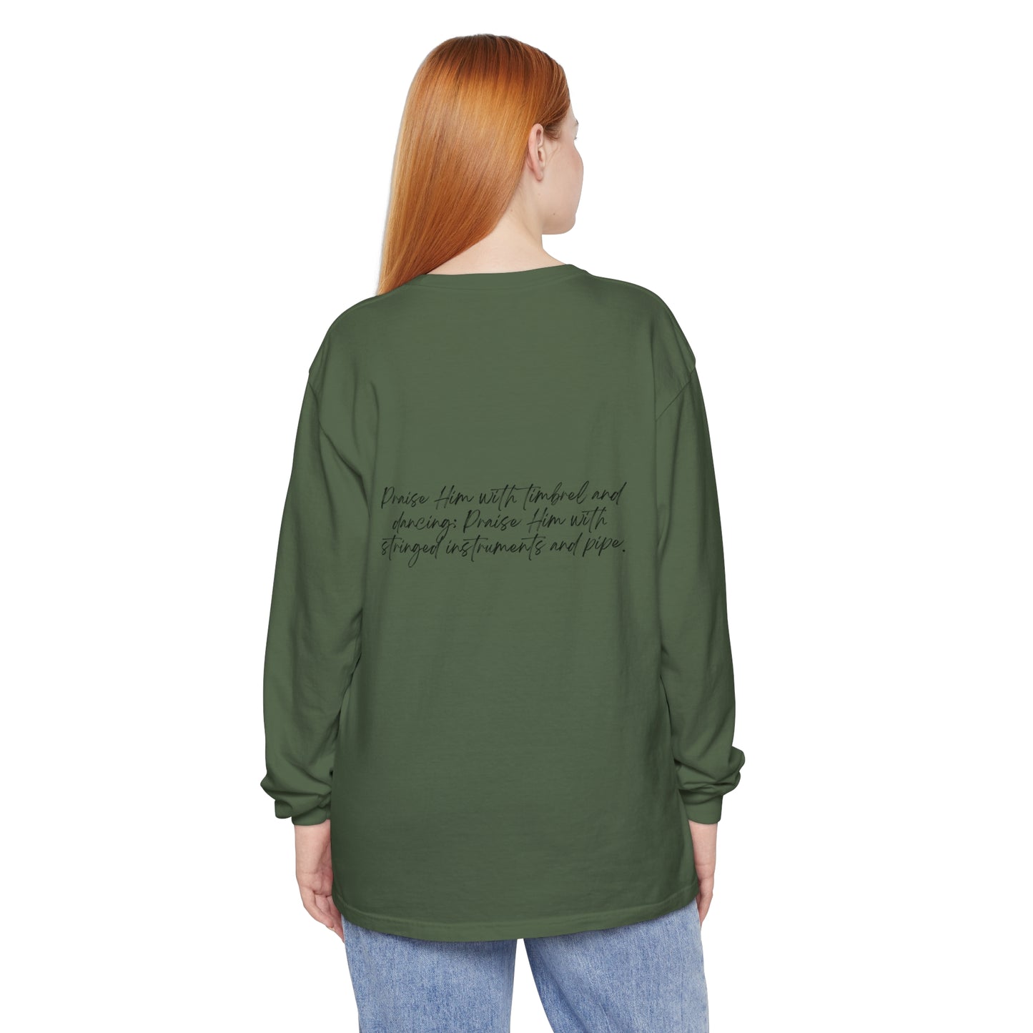 In Jesus Name I Play w/ Psalm 150:4 On Back Unisex Garment-dyed Long Sleeve T-Shirt