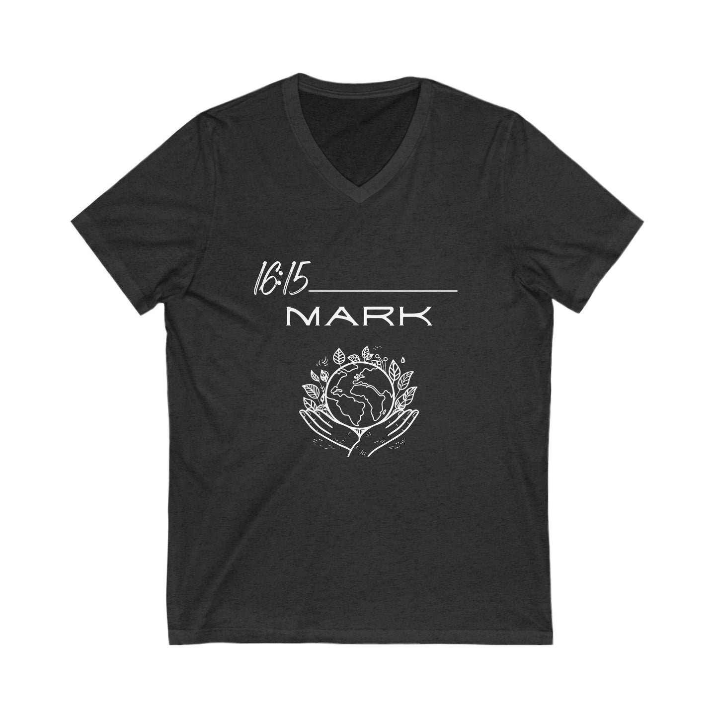 Mark 16:15 w/ Full Scripture on Back Unisex Jersey Short Sleeve V-Neck Tee