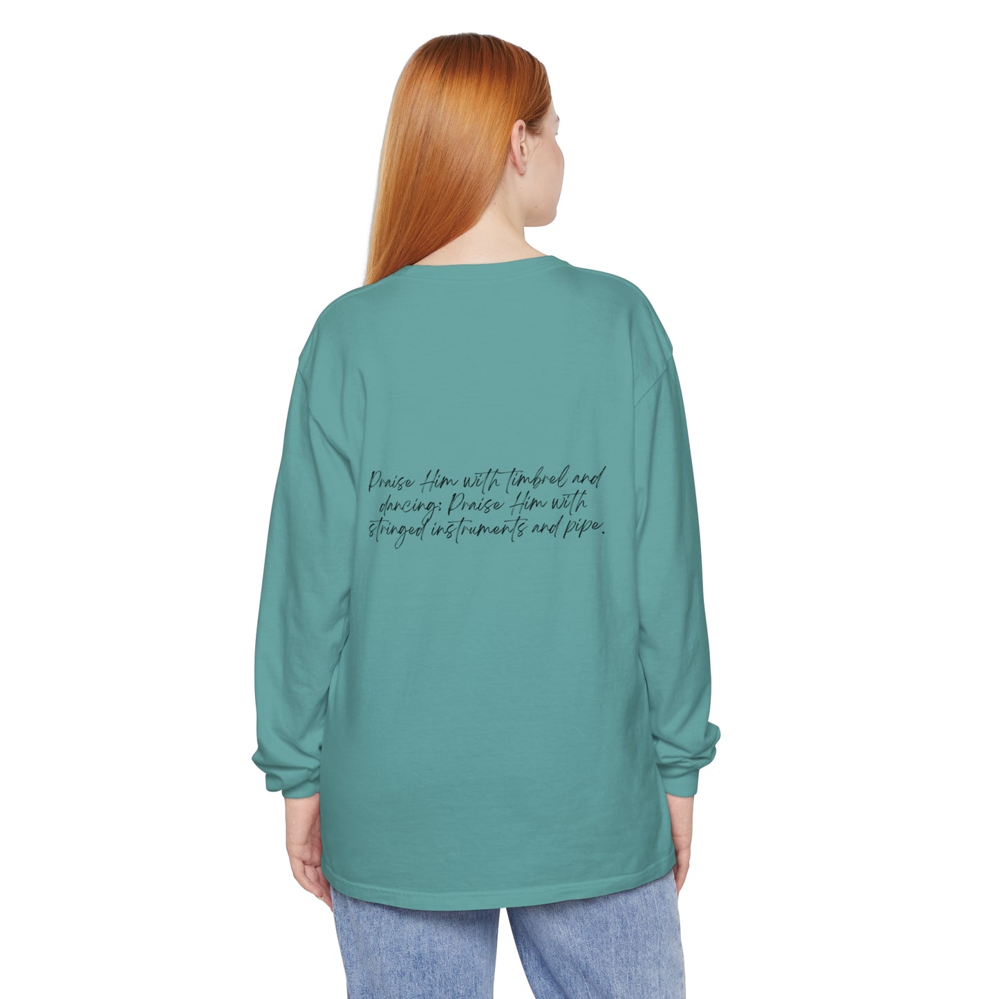 In Jesus Name I Play w/ Psalm 150:4 On Back Unisex Garment-dyed Long Sleeve T-Shirt