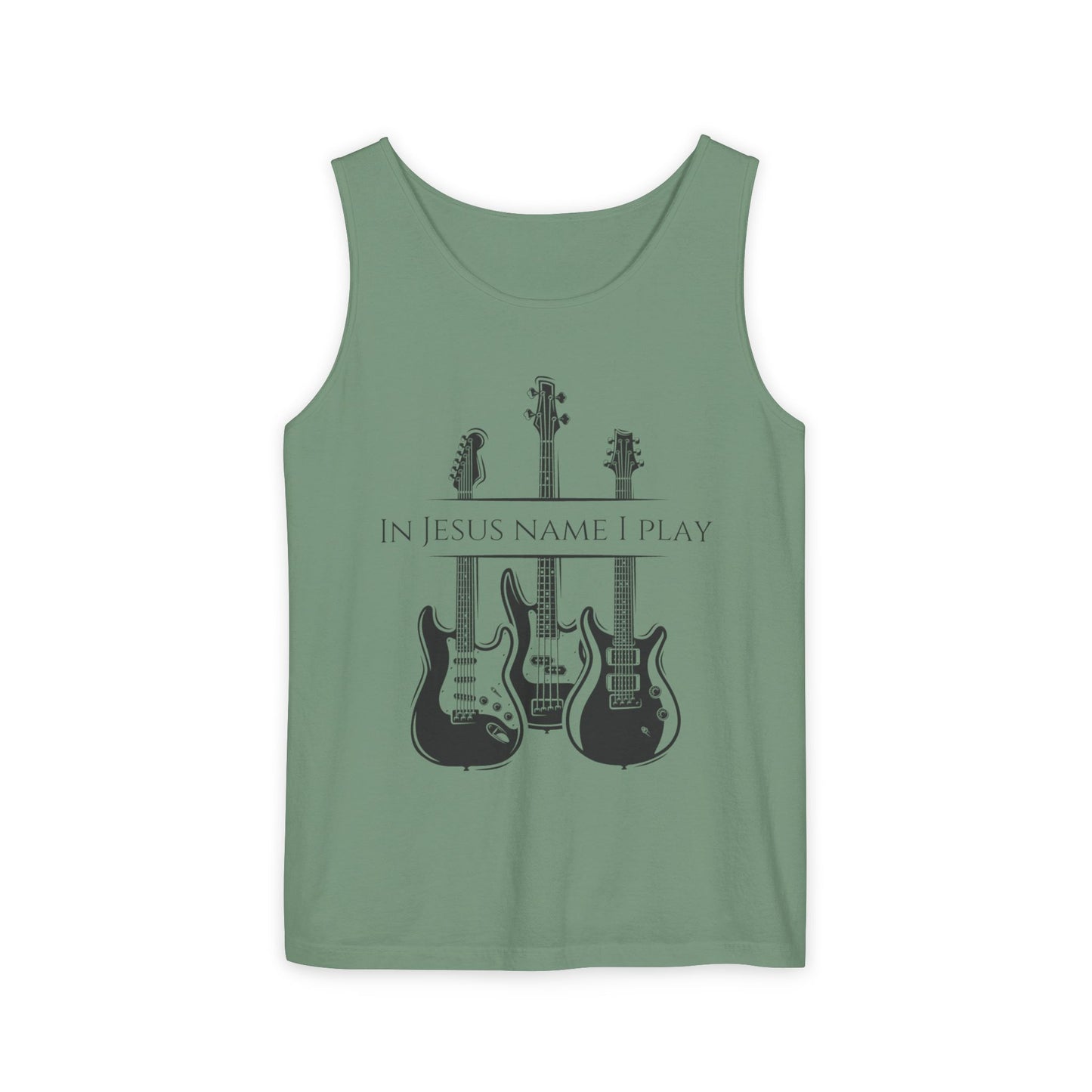 In Jesus Name I Play w/ Psalm 150:4 On Back Unisex Garment-Dyed Tank Top