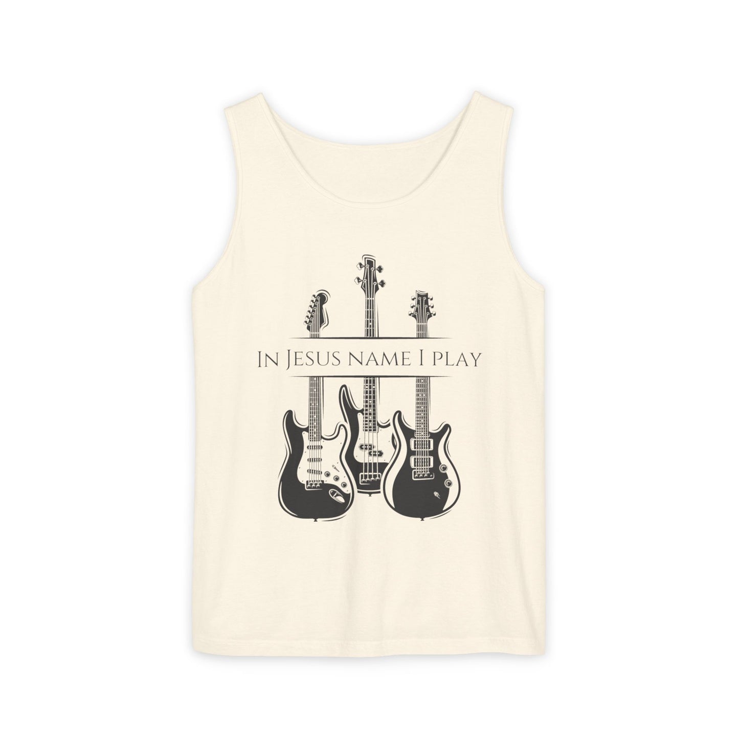 In Jesus Name I Play w/ Psalm 150:4 On Back Unisex Garment-Dyed Tank Top