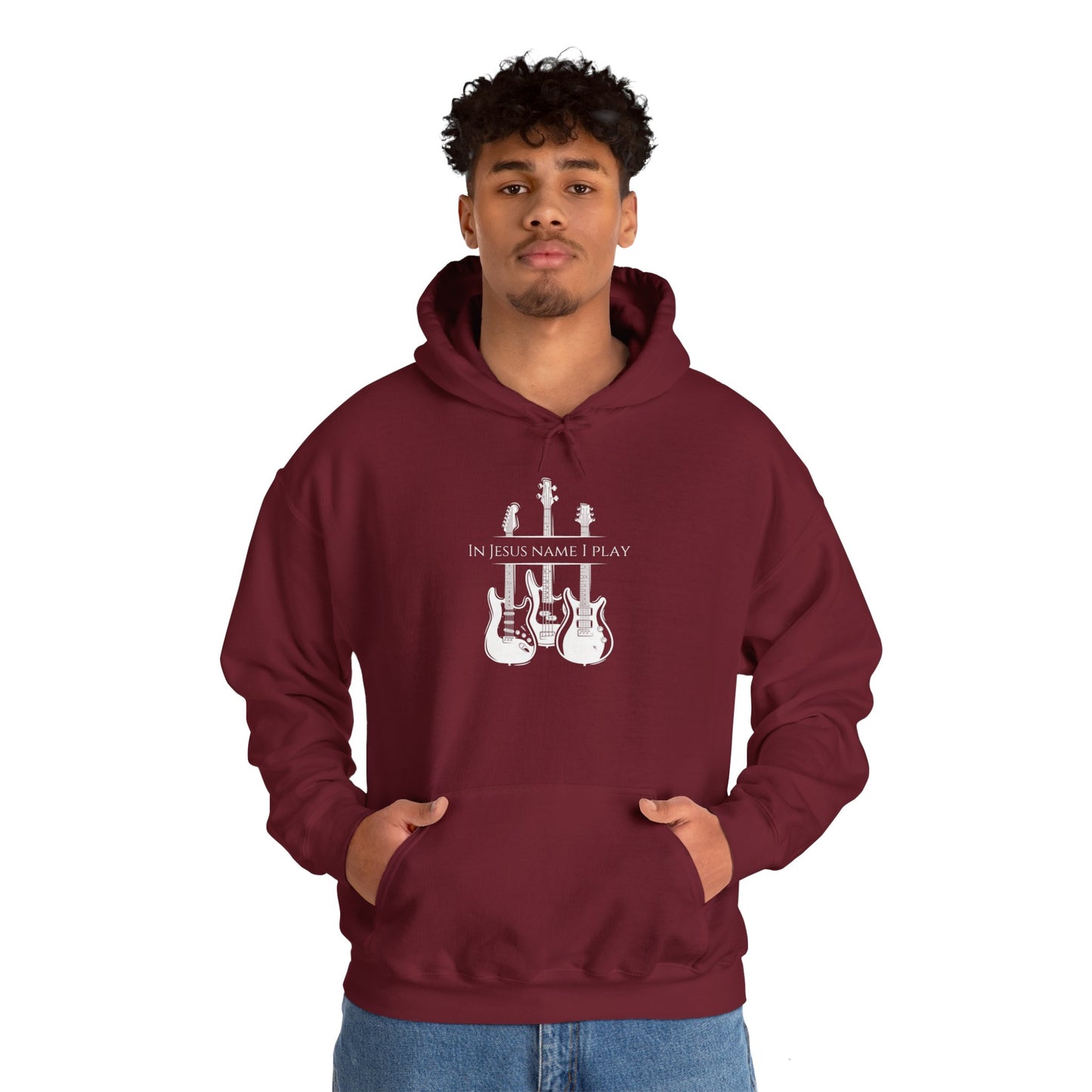 In Jesus Name I Play w/ Psalm 150:4 On Back Unisex Heavy Blend™ Hooded Sweatshirt