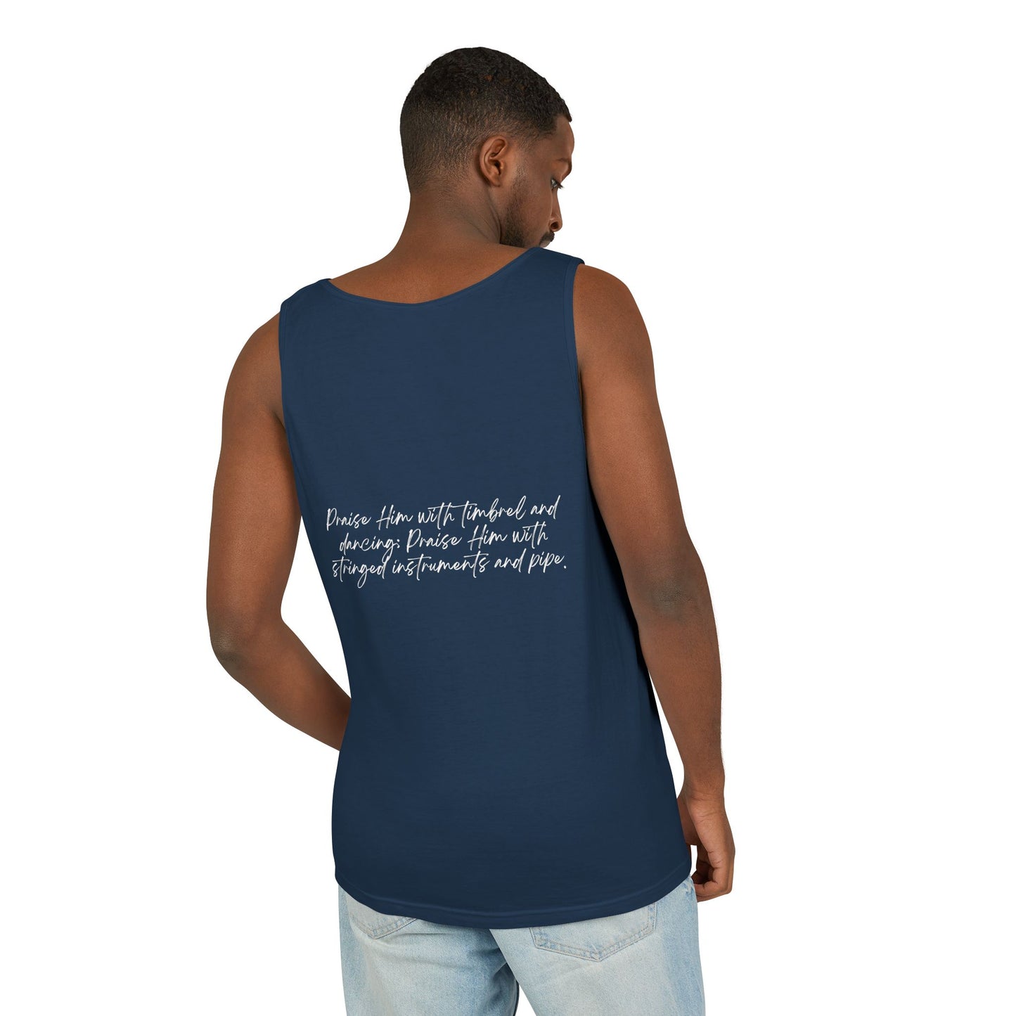 In Jesus Name I Play w/ Psalm 150:4 On Back Unisex Garment-Dyed Tank Top