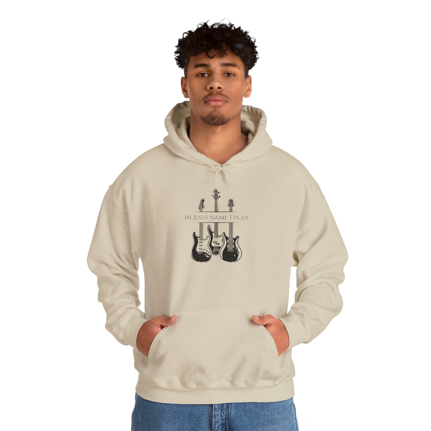 In Jesus Name I Play w/ Psalm 150:4 On Back Unisex Heavy Blend™ Hooded Sweatshirt