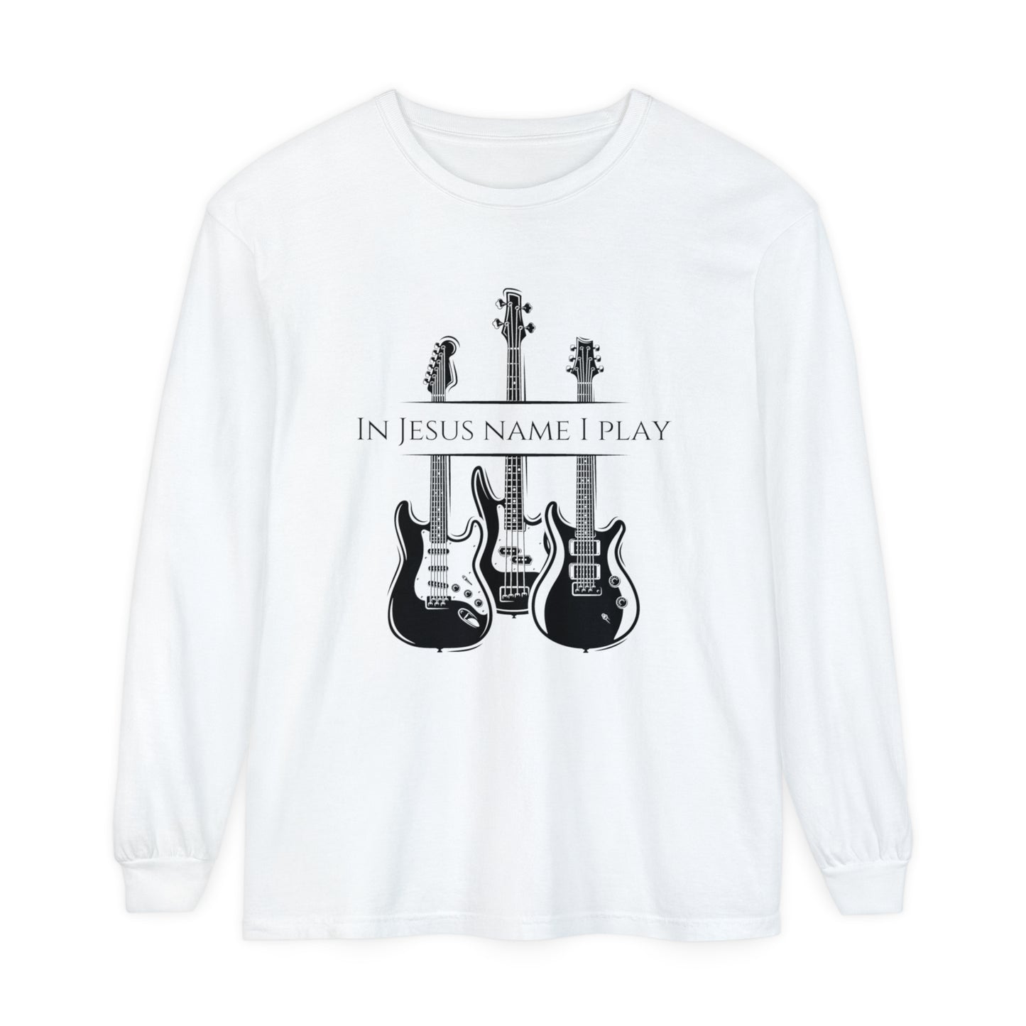 In Jesus Name I Play w/ Psalm 150:4 On Back Unisex Garment-dyed Long Sleeve T-Shirt