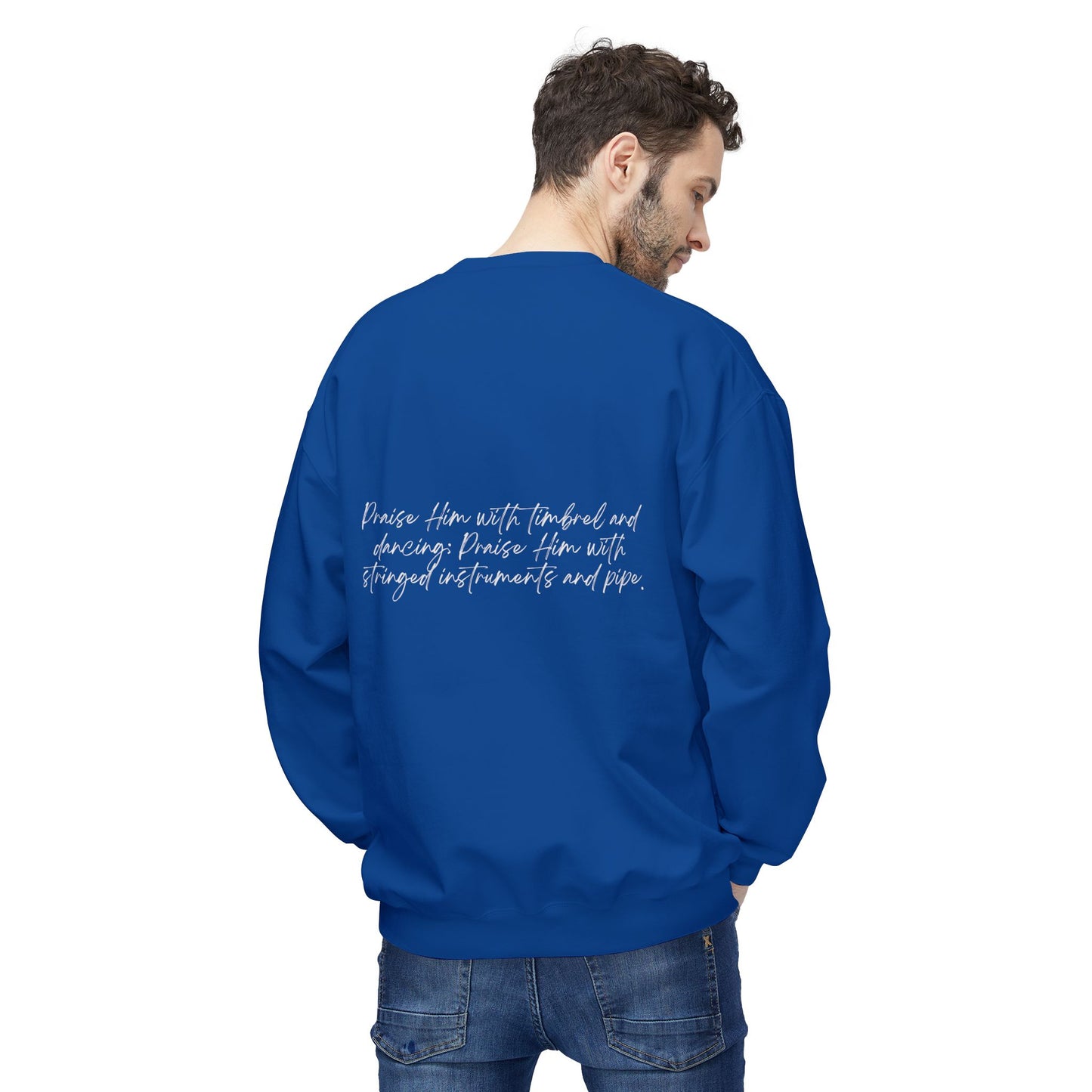 In Jesus Name I Play w/ Psalm 150:4 On Back Unisex Midweight Softstyle Fleece Crewneck Sweatshirt