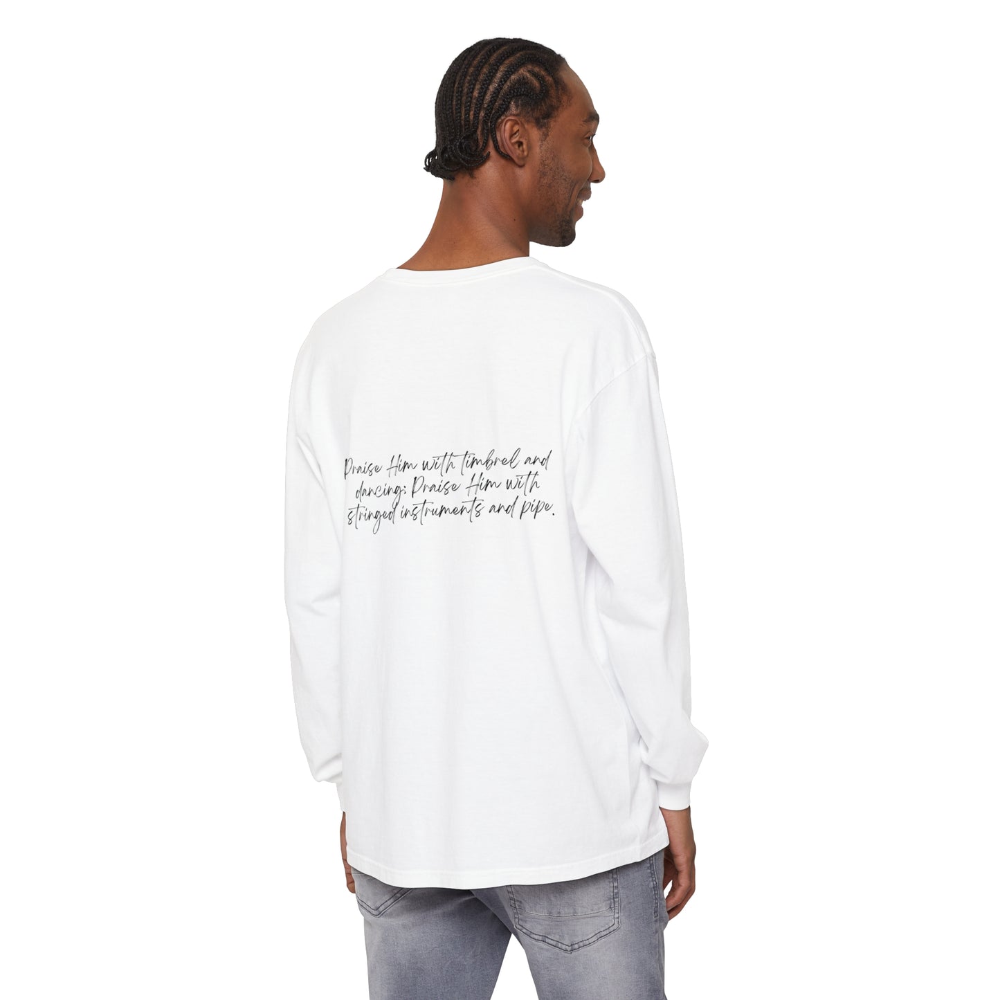 In Jesus Name I Play w/ Psalm 150:4 On Back Unisex Garment-dyed Long Sleeve T-Shirt