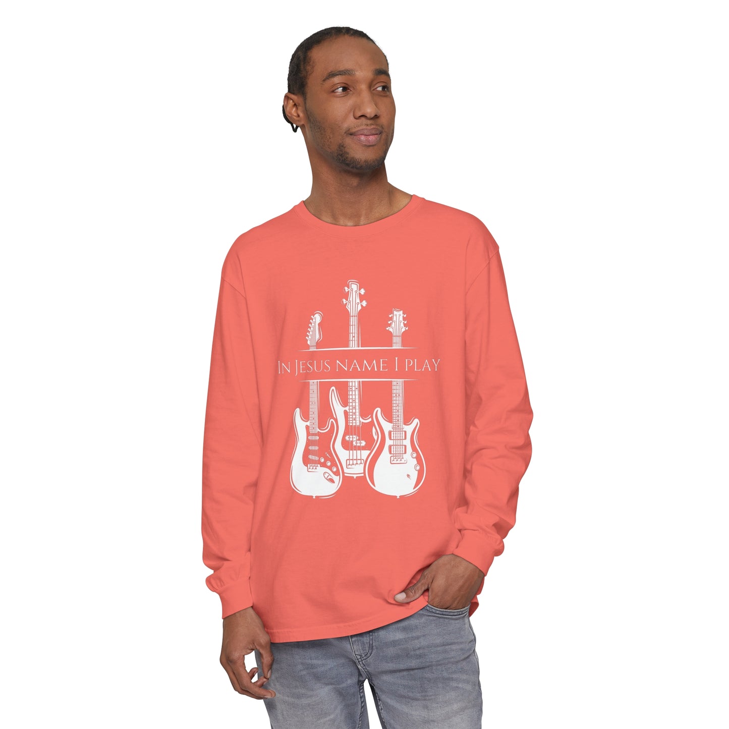 In Jesus Name I Play w/ Psalm 150:4 On Back Unisex Garment-dyed Long Sleeve T-Shirt