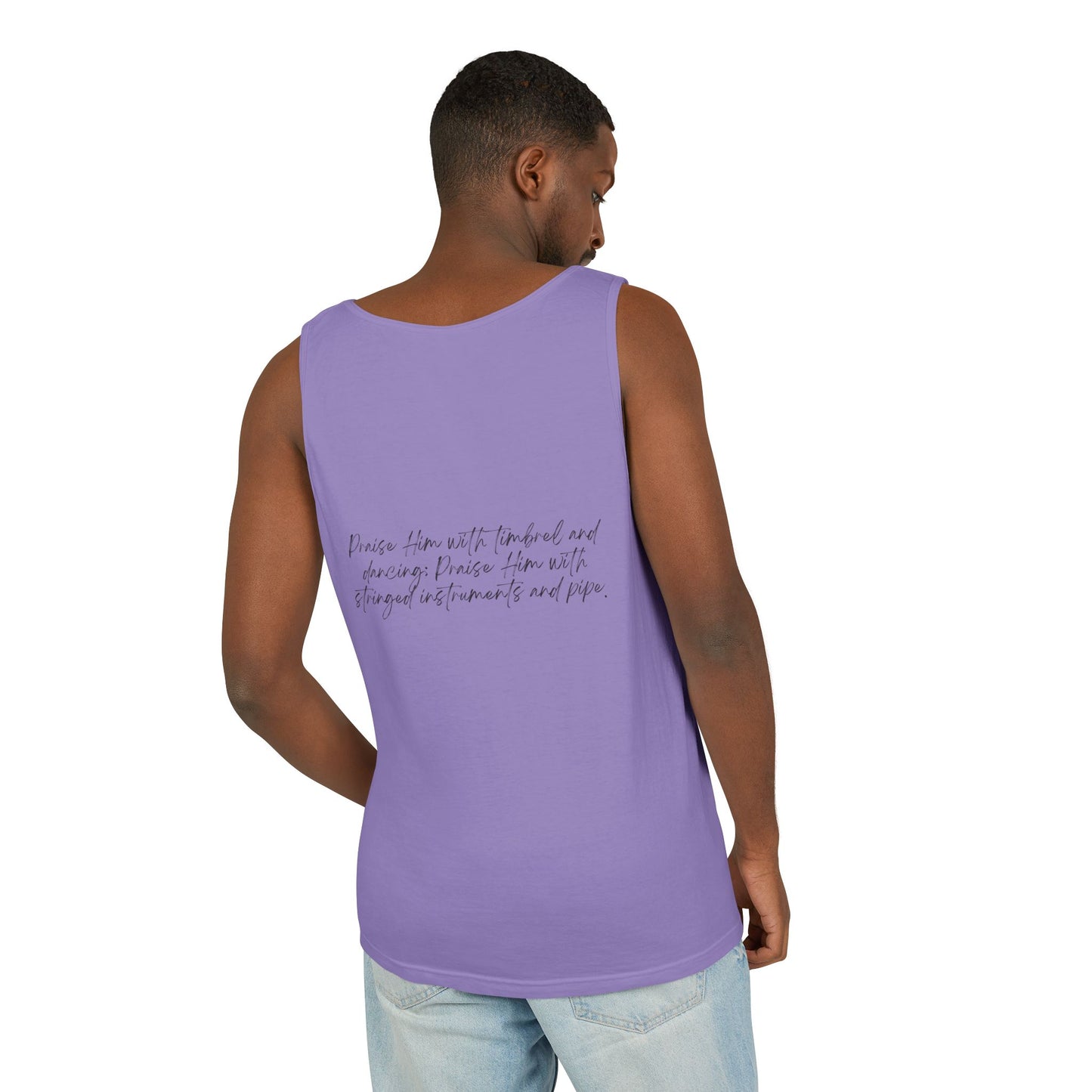 In Jesus Name I Play w/ Psalm 150:4 On Back Unisex Garment-Dyed Tank Top