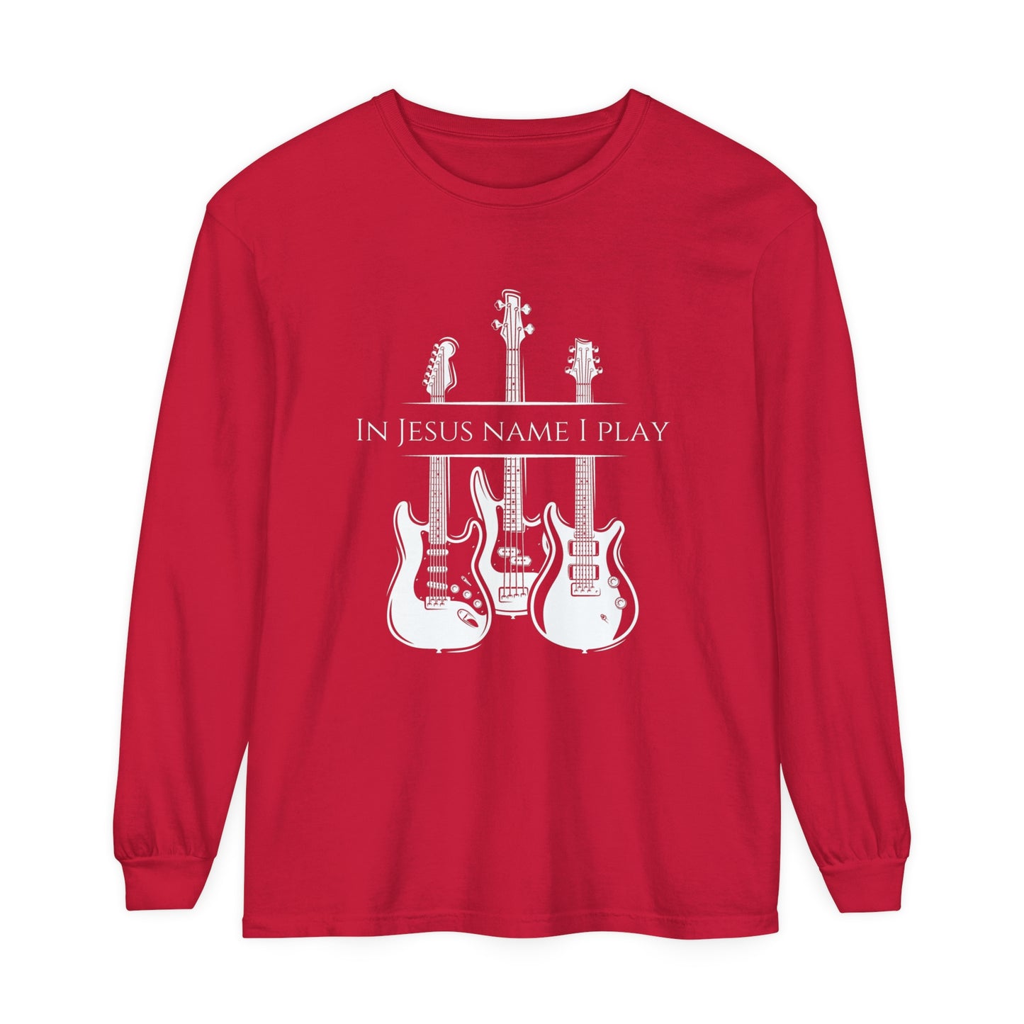 In Jesus Name I Play w/ Psalm 150:4 On Back Unisex Garment-dyed Long Sleeve T-Shirt