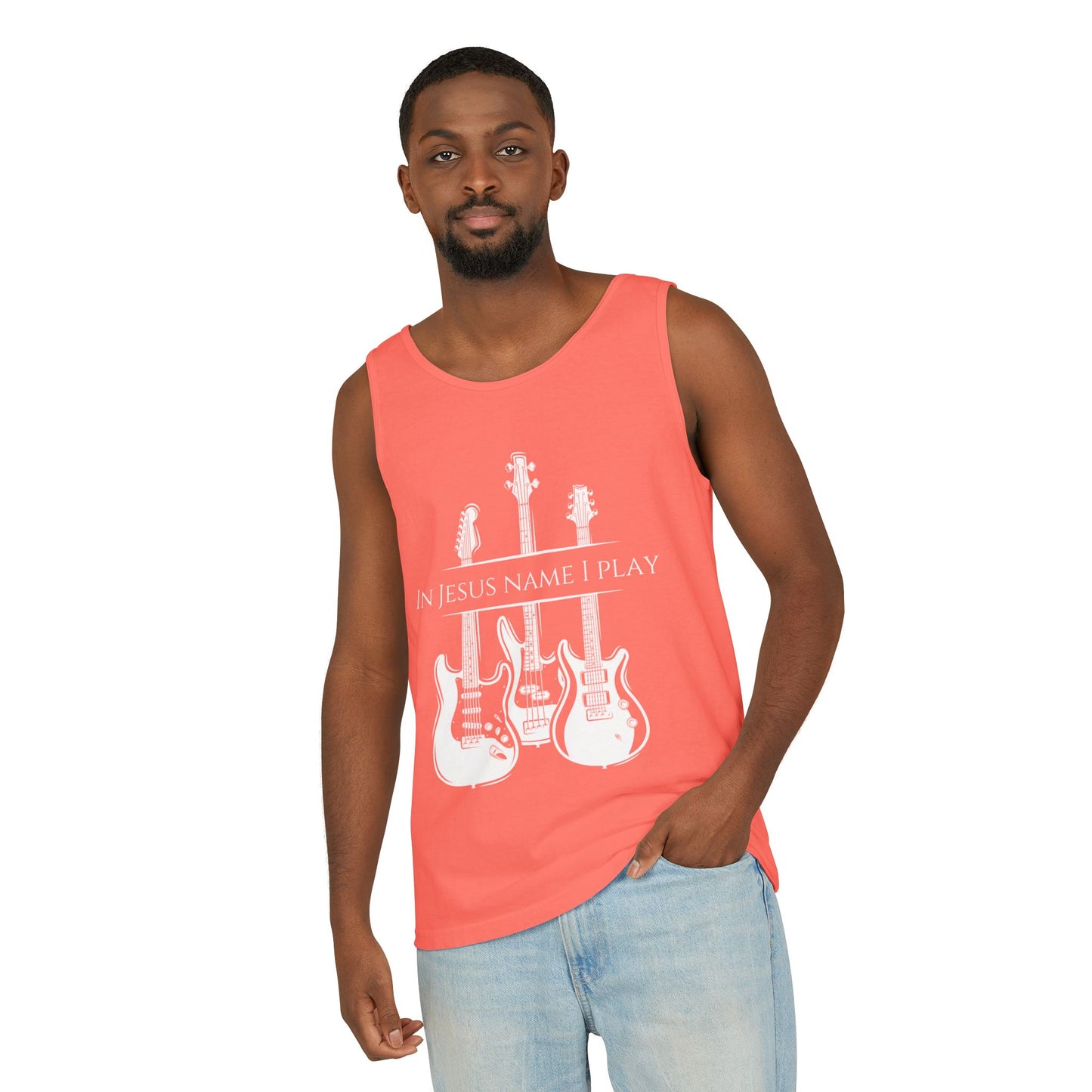 In Jesus Name I Play w/ Psalm 150:4 On Back Unisex Garment-Dyed Tank Top