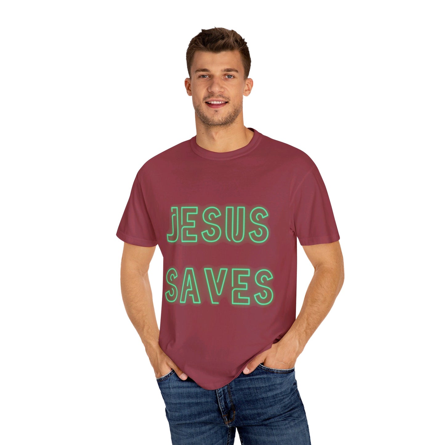 Jesus Saves Neon Signage Green Unisex Garment-Dyed T-shirt