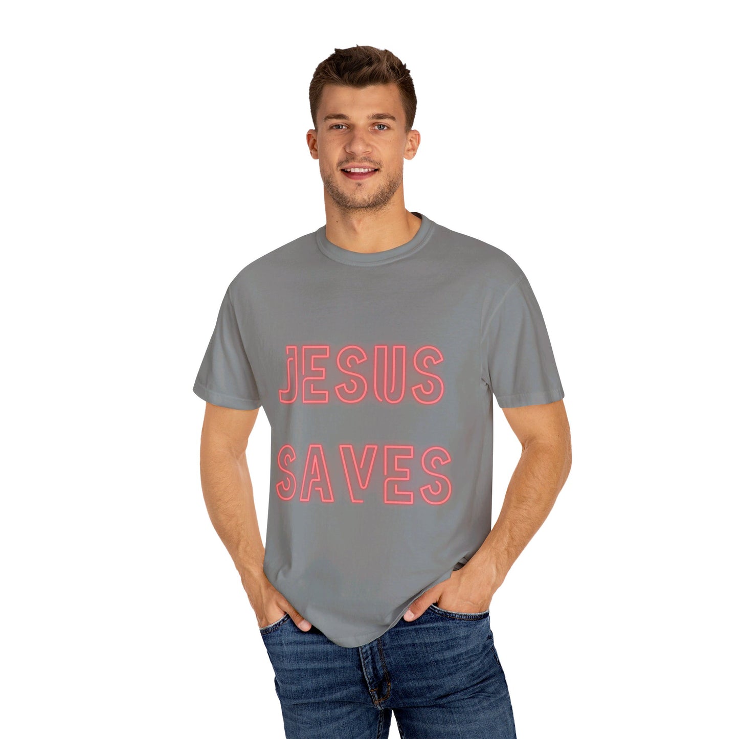 Jesus Saves Neon Signage (2) Unisex Garment-Dyed T-shirt