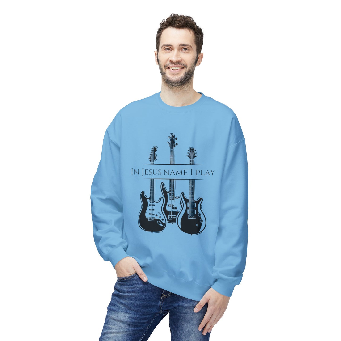 In Jesus Name I Play w/ Psalm 150:4 On Back Unisex Midweight Softstyle Fleece Crewneck Sweatshirt