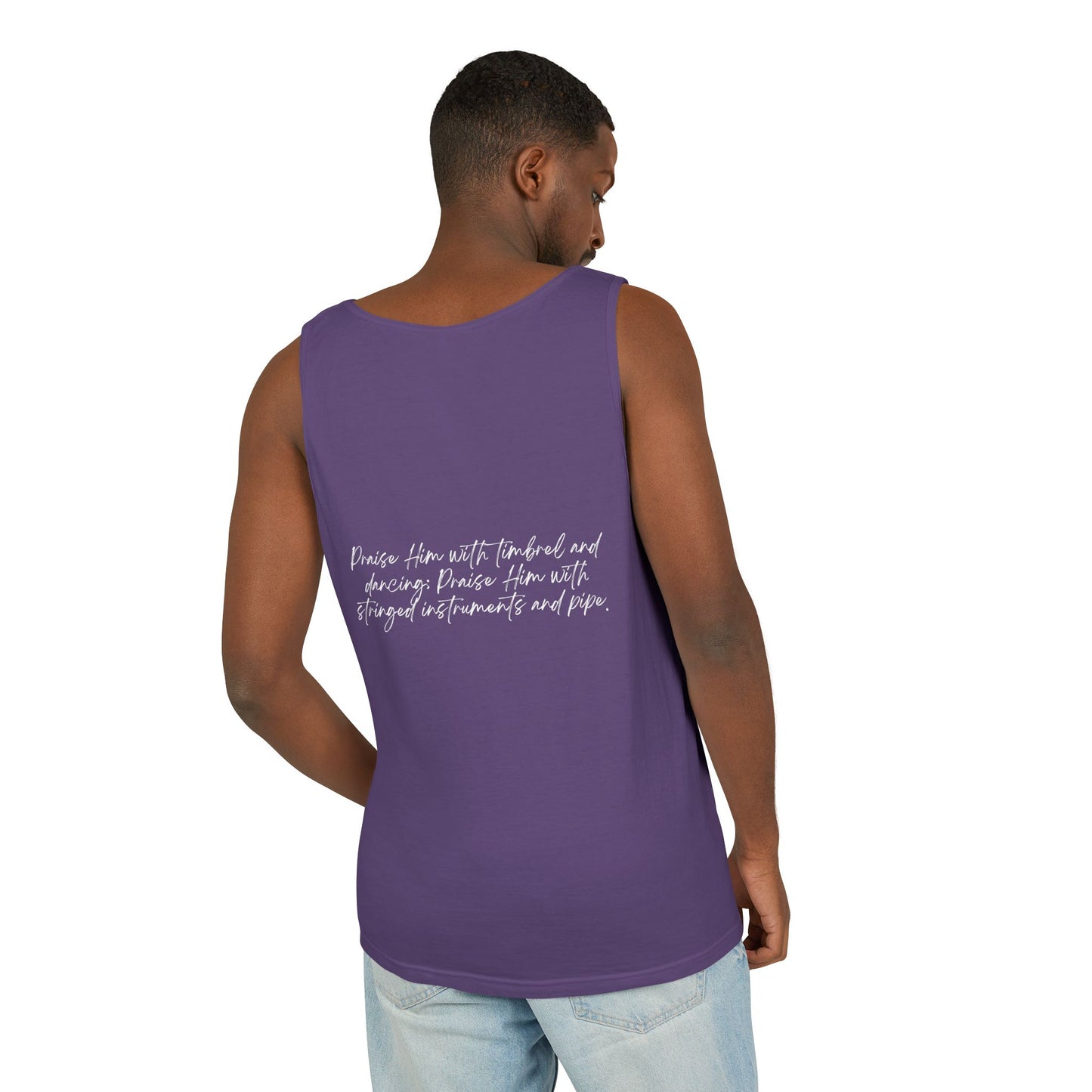 In Jesus Name I Play w/ Psalm 150:4 On Back Unisex Garment-Dyed Tank Top