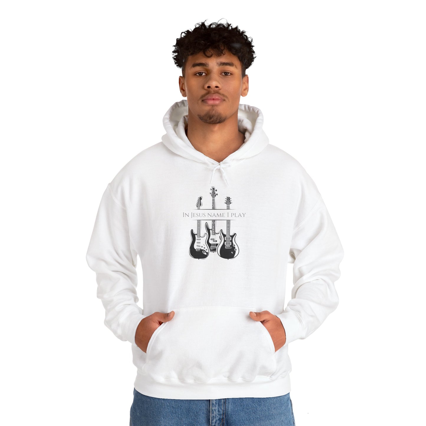 In Jesus Name I Play w/ Psalm 150:4 On Back Unisex Heavy Blend™ Hooded Sweatshirt